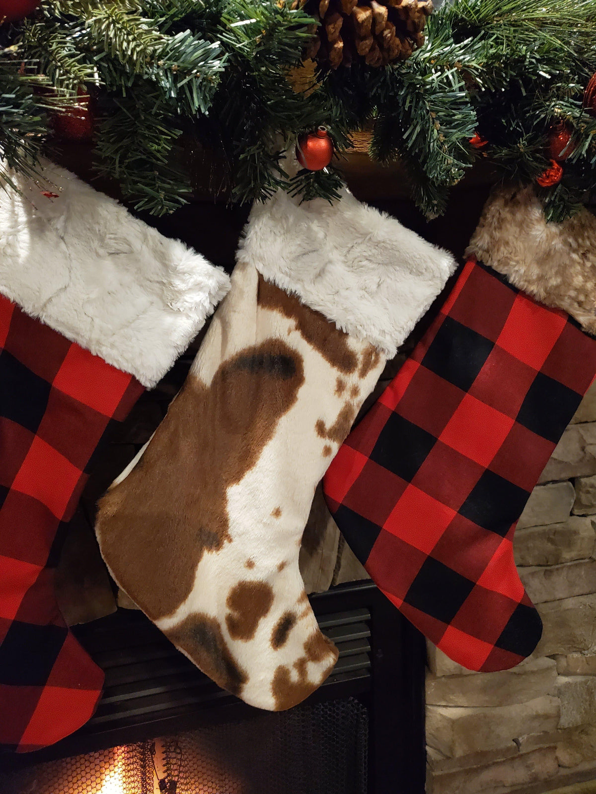 Holiday Decor - Christmas Stocking - Red Black Check, Cow Minky, and Fawn Minky Collection - DBC Baby Bedding Co 