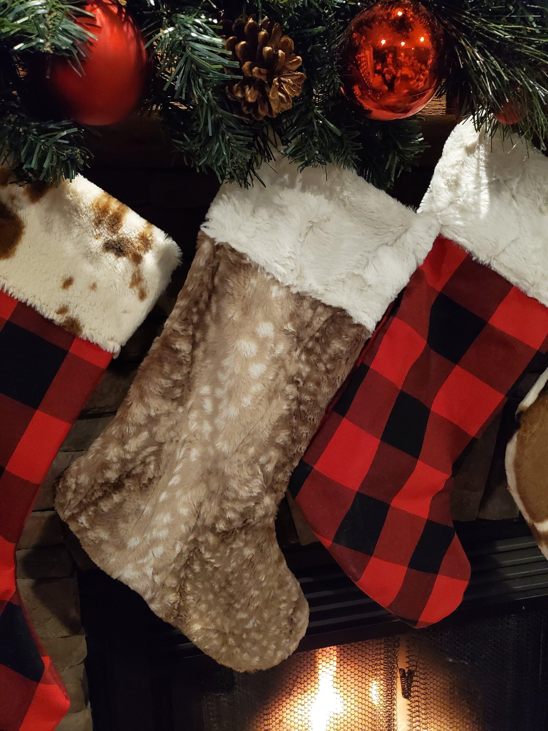 Holiday Decor - Christmas Stocking - Red Black Check, Cow Minky, and Fawn Minky Collection - DBC Baby Bedding Co 