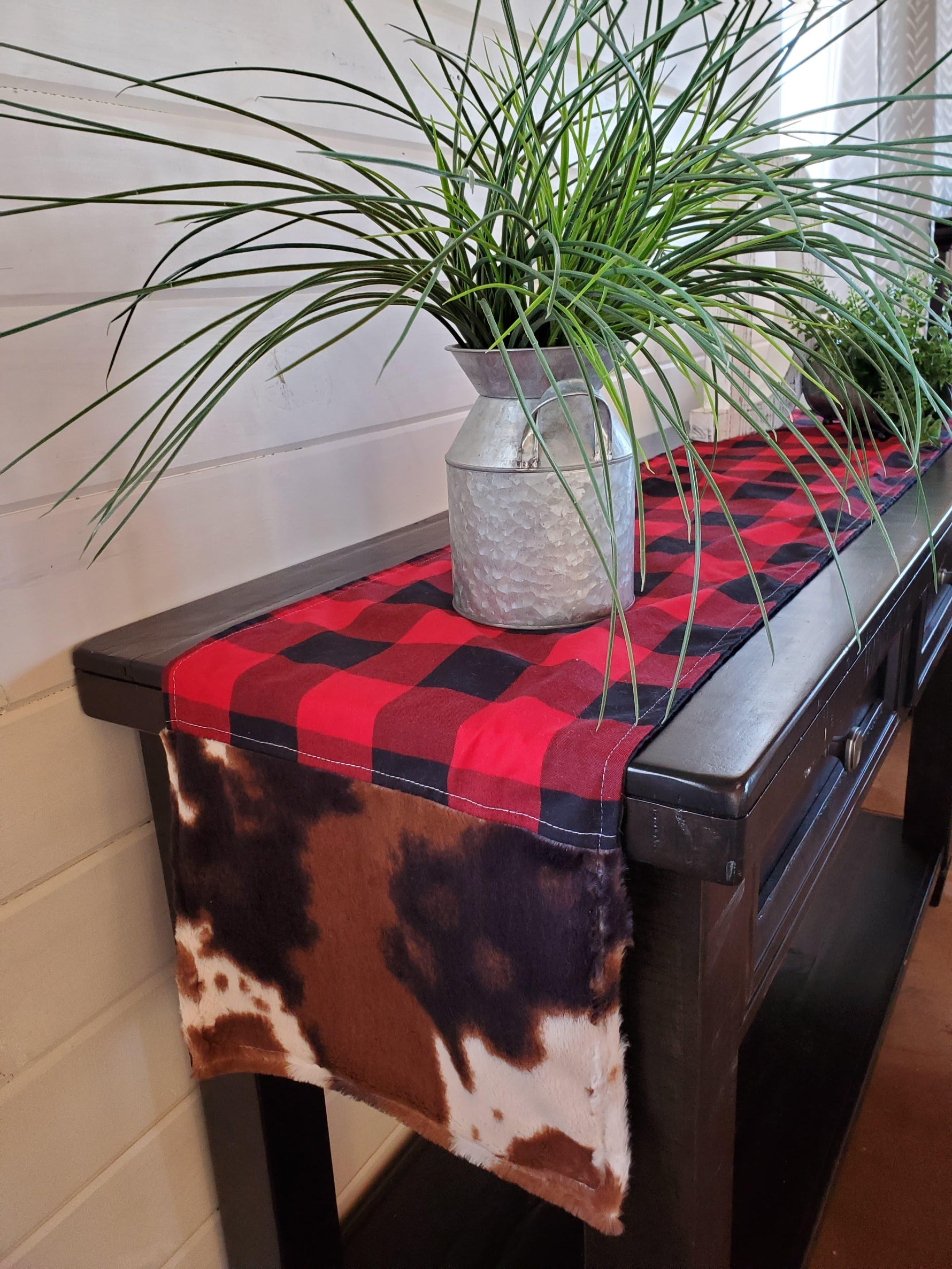 Home Decor - Table Runner - Red Black Check with Cow Minky decorative ends - DBC Baby Bedding Co 