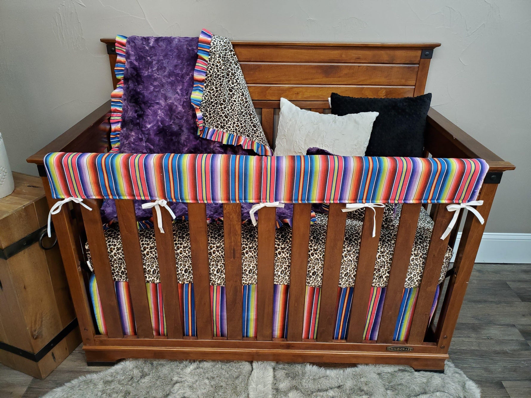 Ready Ship Girl Crib Bedding - Cheetah Minky and Purple Serape Collection - DBC Baby Bedding Co 