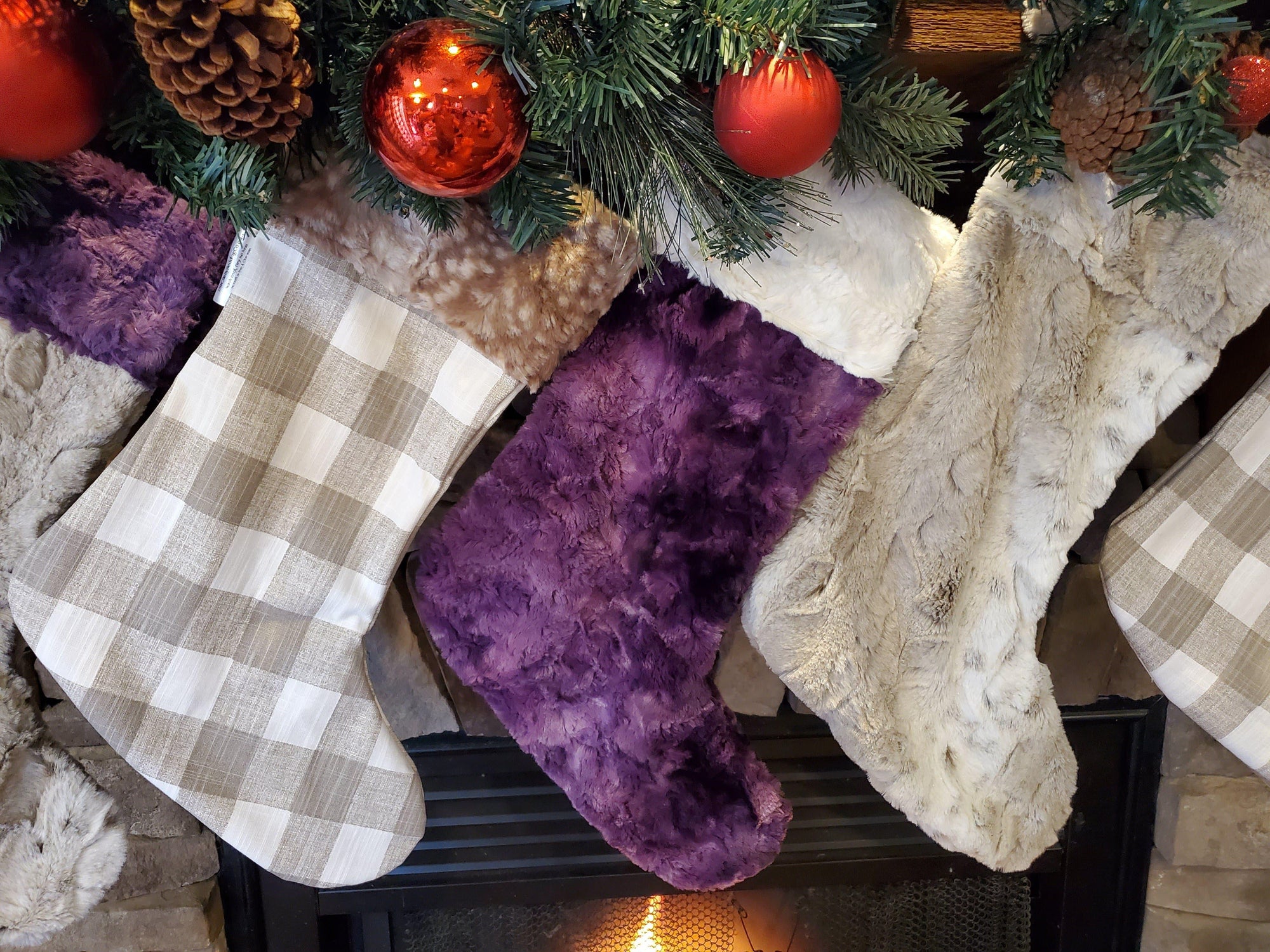Holiday Decor - Christmas Stocking - Ecru Check, Plum Galaxy Minky, and Fawn Minky Collection - DBC Baby Bedding Co 