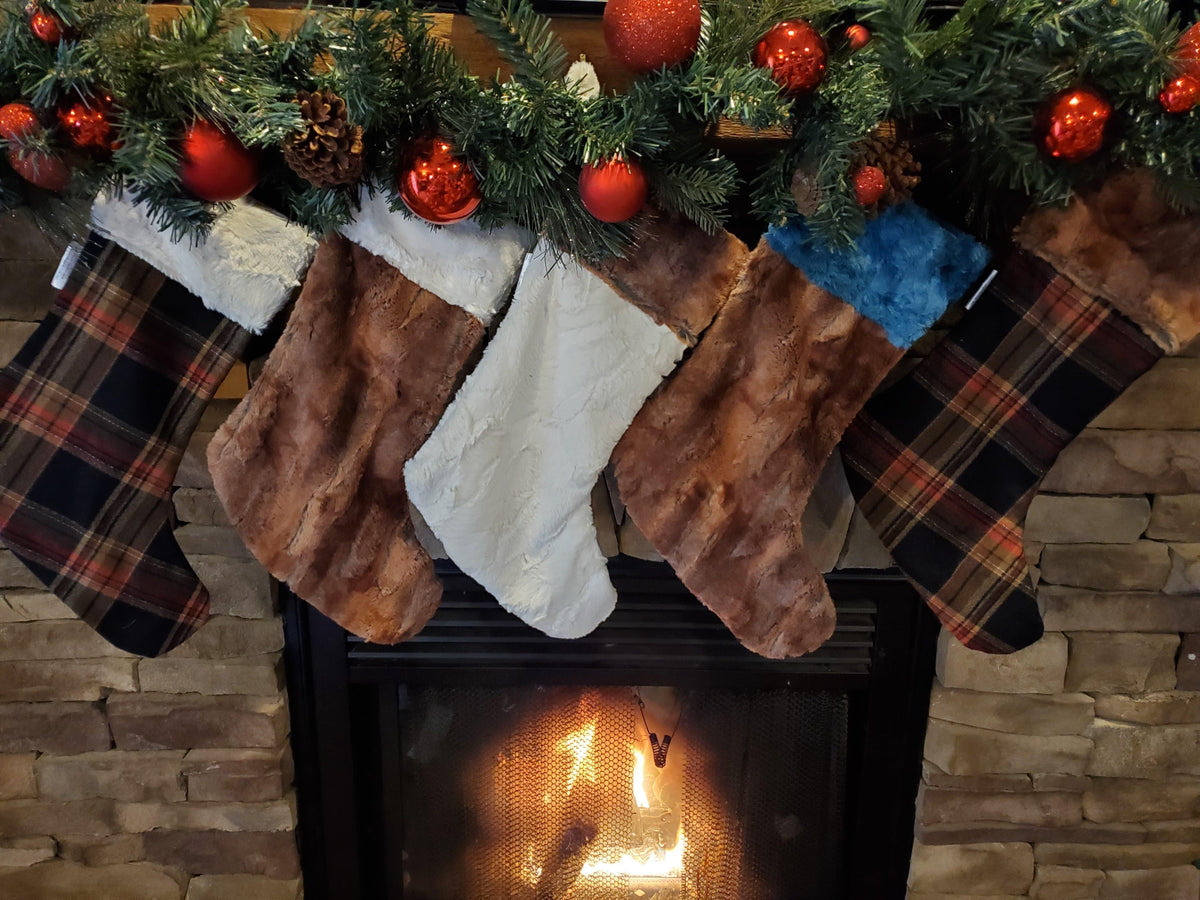 Holiday Decor - Christmas Stocking -  Russet Plaid, Fox Minky, and Ivory Minky Collection - DBC Baby Bedding Co 