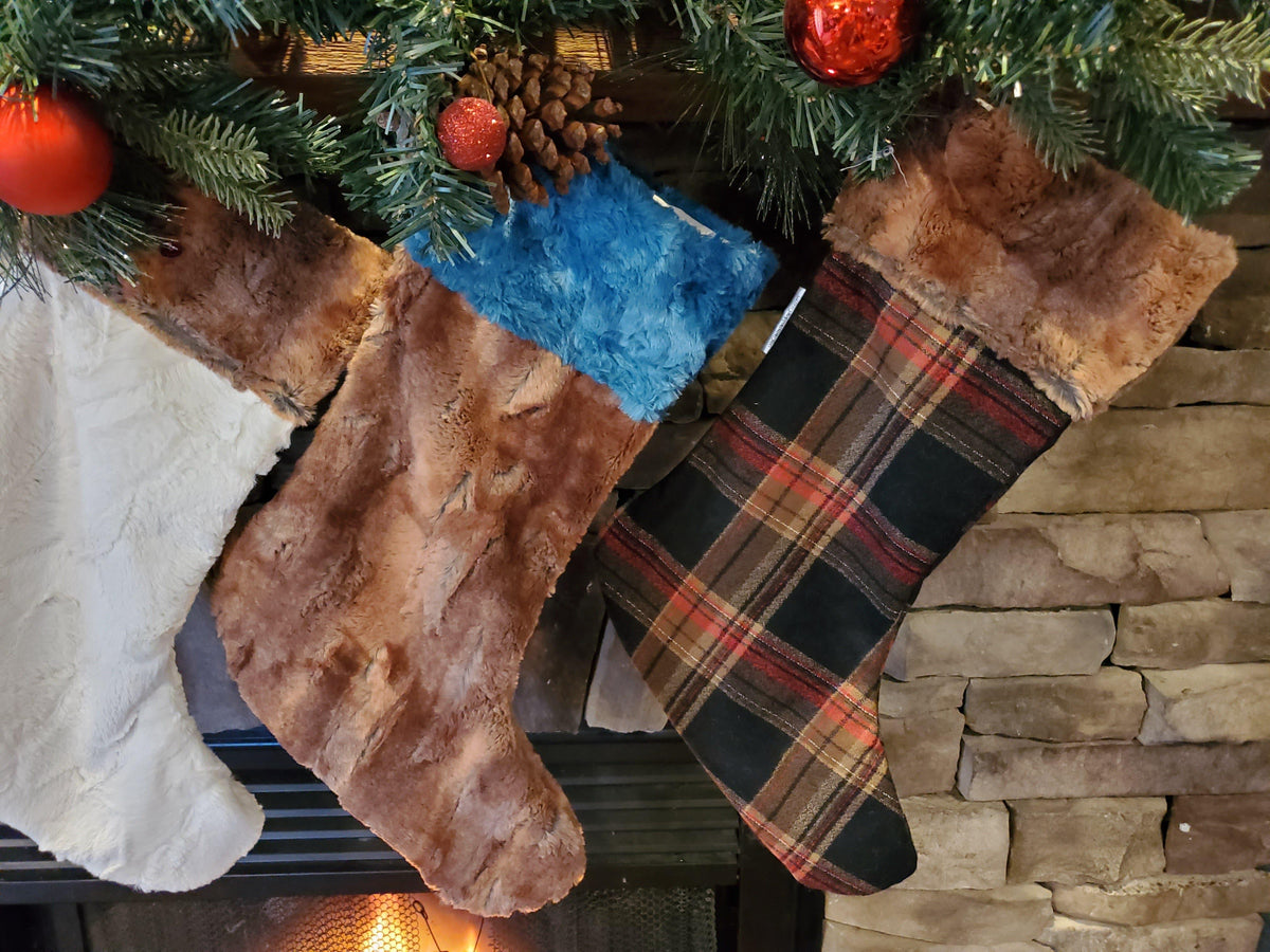 Holiday Decor - Christmas Stocking -  Russet Plaid, Fox Minky, and Ivory Minky Collection - DBC Baby Bedding Co 