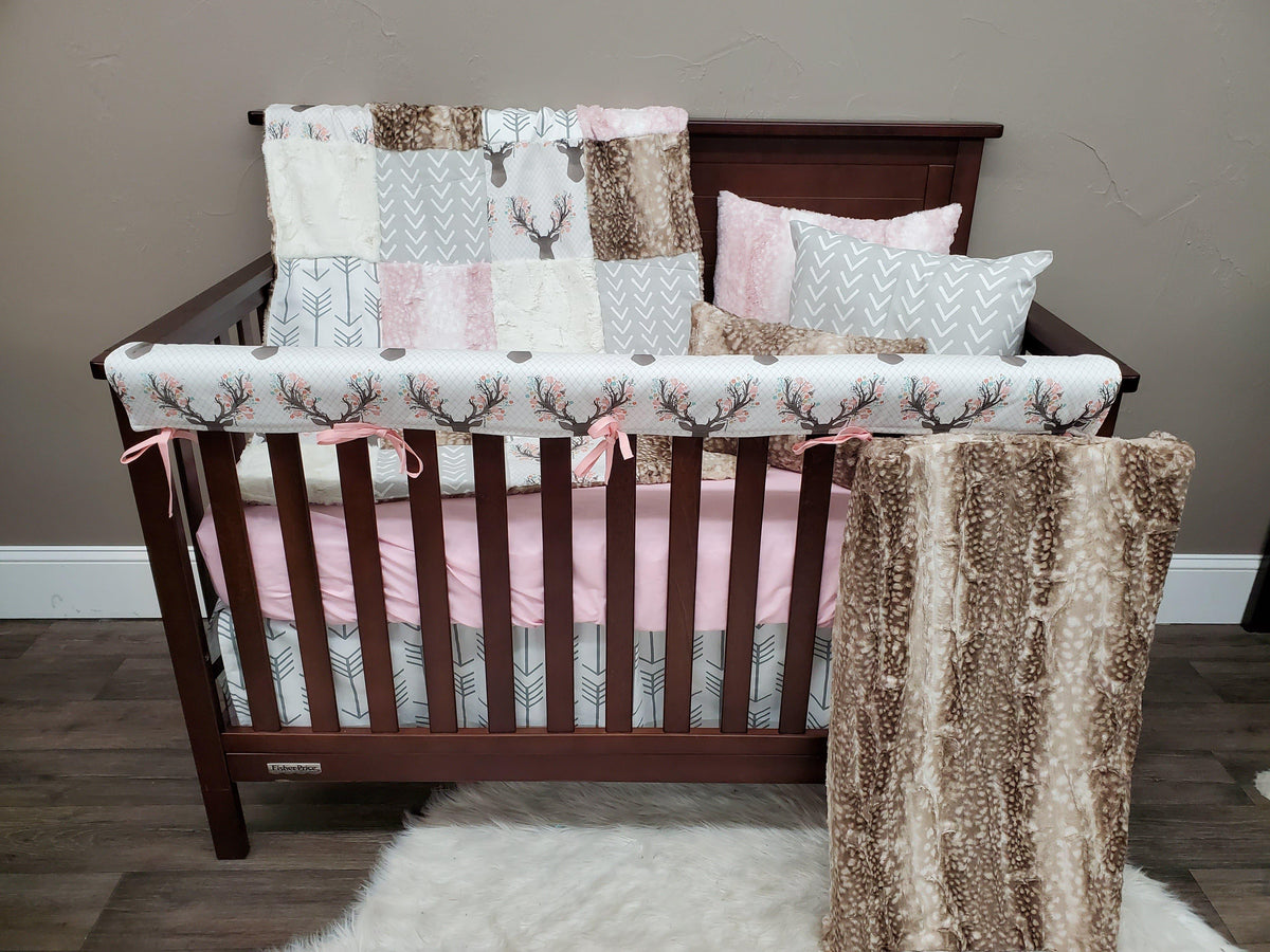 Ready to Ship Girl Crib Bedding - Tulip Fawn and Fawn Minky Woodland Collection - DBC Baby Bedding Co 