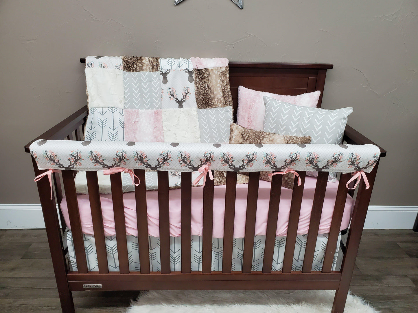 Ready to Ship Girl Crib Bedding - Tulip Fawn and Fawn Minky Woodland Collection - DBC Baby Bedding Co 