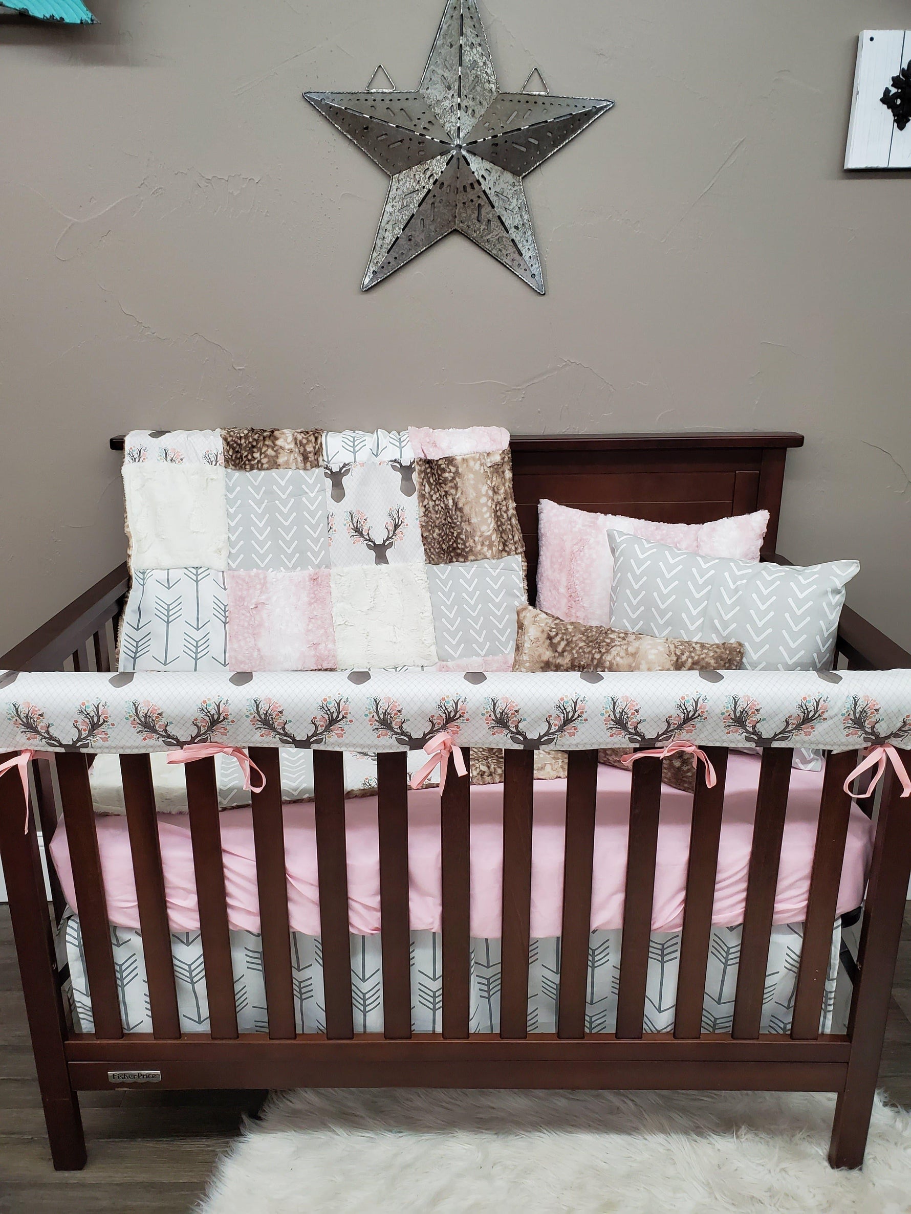 Ready to Ship Girl Crib Bedding - Tulip Fawn and Fawn Minky Woodland Collection - DBC Baby Bedding Co 