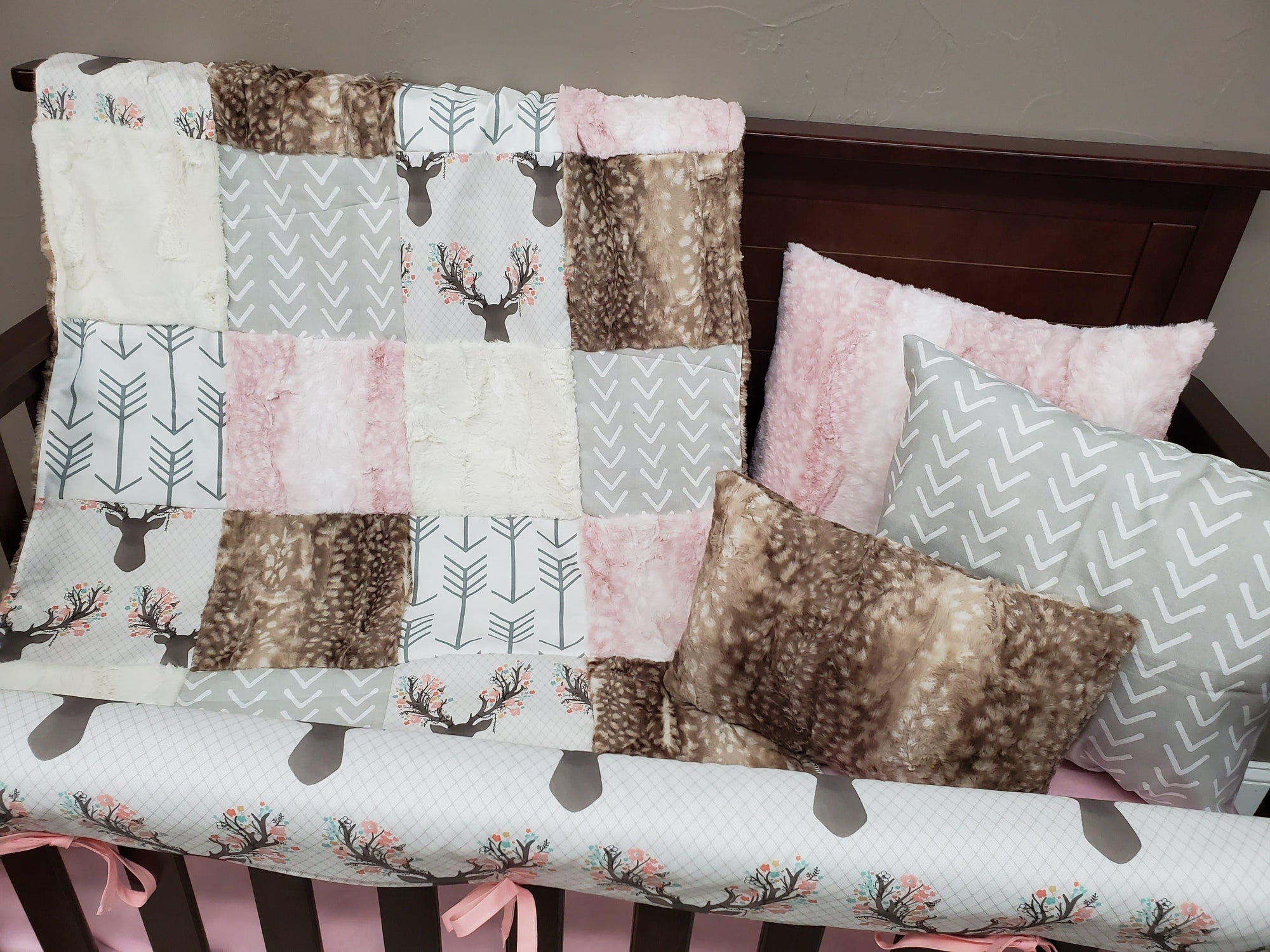 Ready to Ship Girl Crib Bedding - Tulip Fawn and Fawn Minky Woodland Collection - DBC Baby Bedding Co 