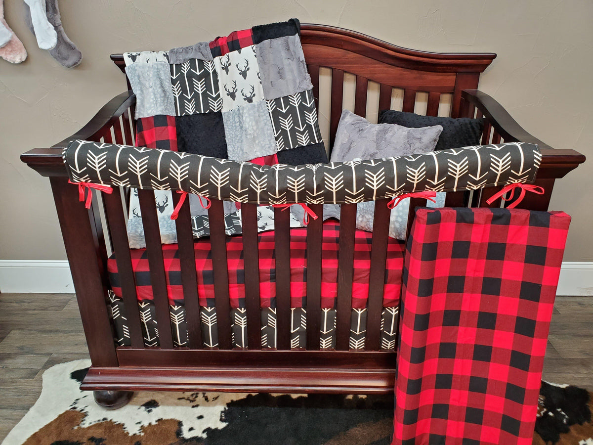 Quick Ship Boy Crib Bedding - Red Black Check and Silver Fawn Woodland Collection - DBC Baby Bedding Co 