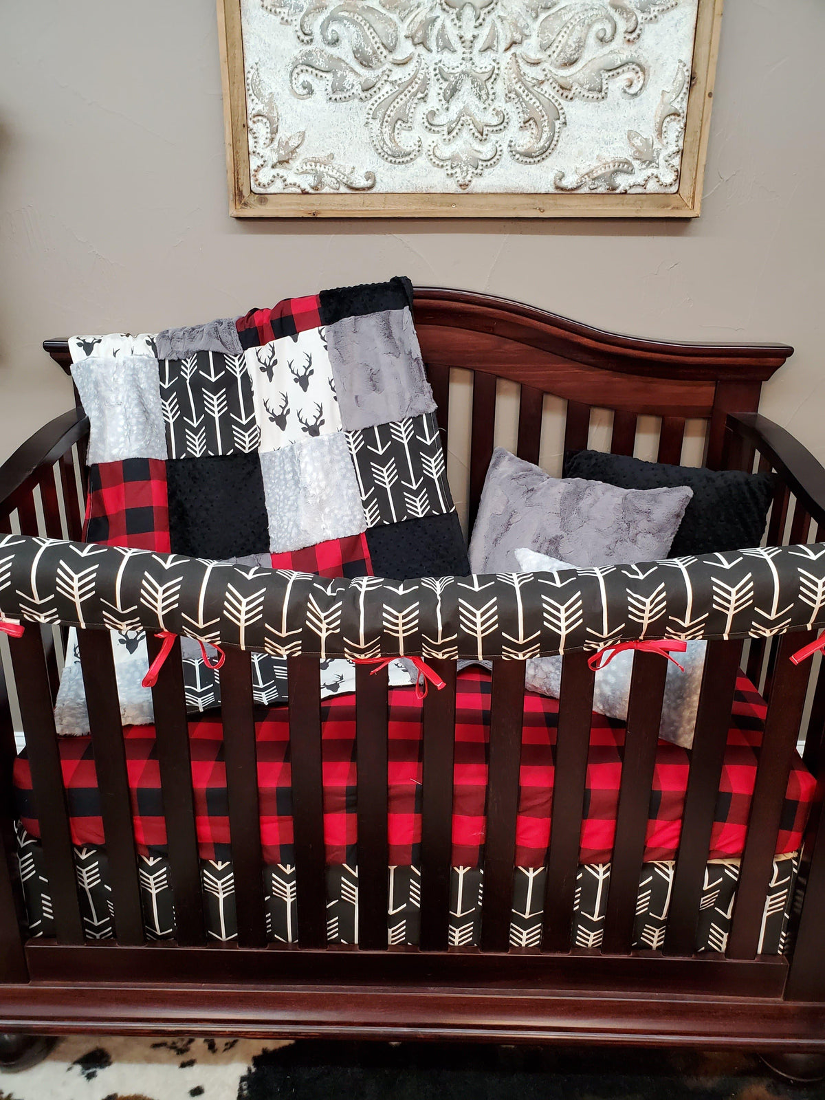 Quick Ship Boy Crib Bedding - Red Black Check and Silver Fawn Woodland Collection - DBC Baby Bedding Co 