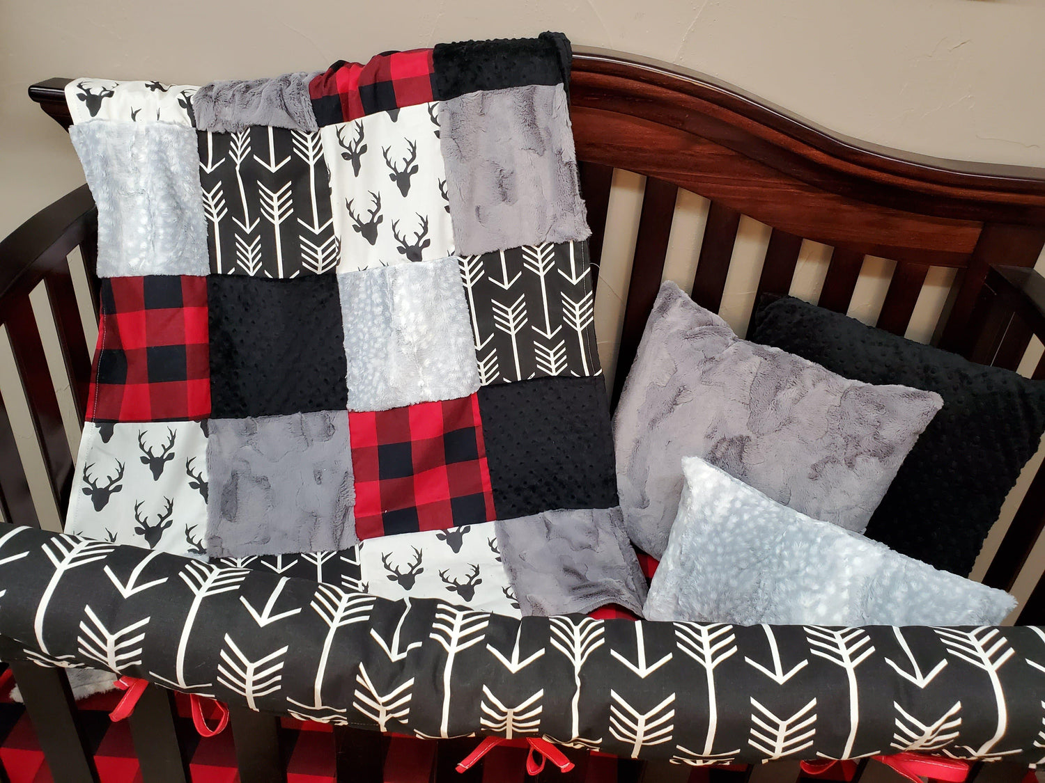 Quick Ship Boy Crib Bedding - Red Black Check and Silver Fawn Woodland Collection - DBC Baby Bedding Co 