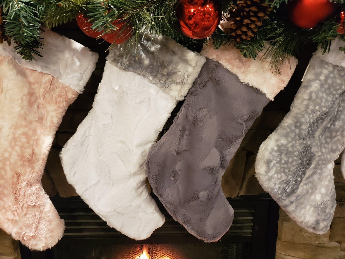 Holiday Decor - Christmas Stocking - Silver Fawn, Gray Hide Minky, White Hide Minky, and Rosewater Fawn Minky Collection - DBC Baby Bedding Co 
