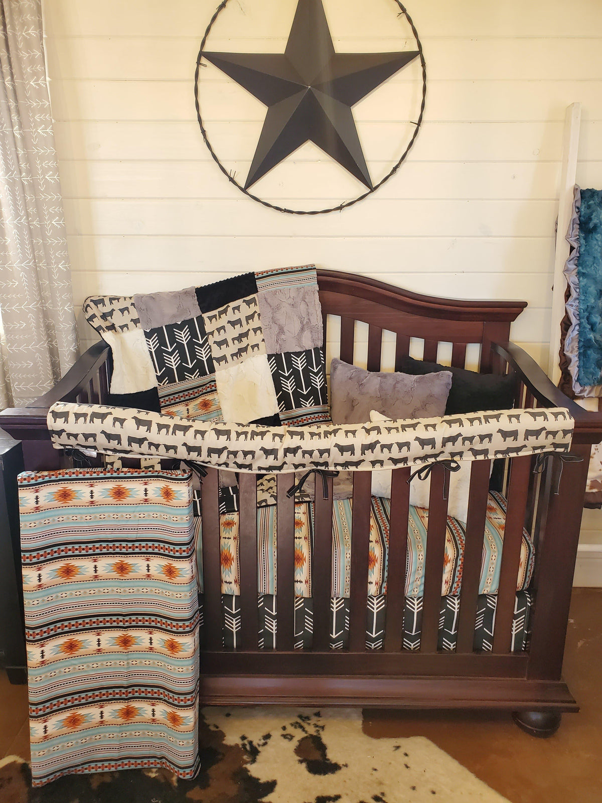 Custom Boy Crib Bedding - Angus Cow and Mint Aztec Ranch Collection - DBC Baby Bedding Co 
