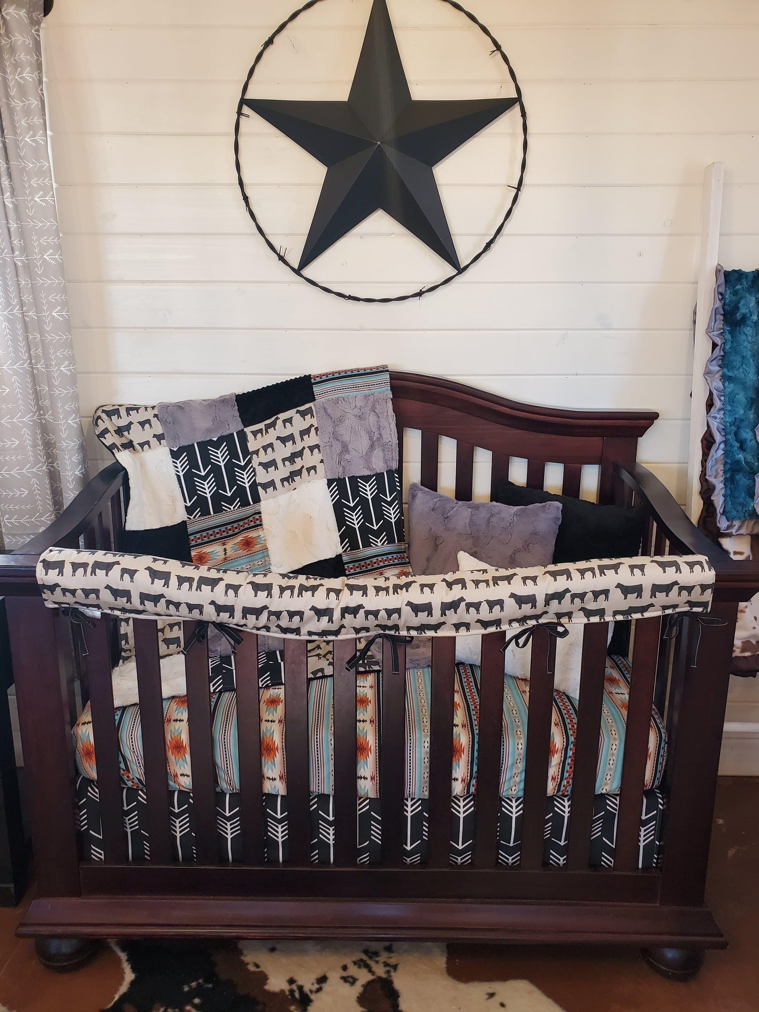 Custom Boy Crib Bedding - Angus Cow and Mint Aztec Ranch Collection - DBC Baby Bedding Co 