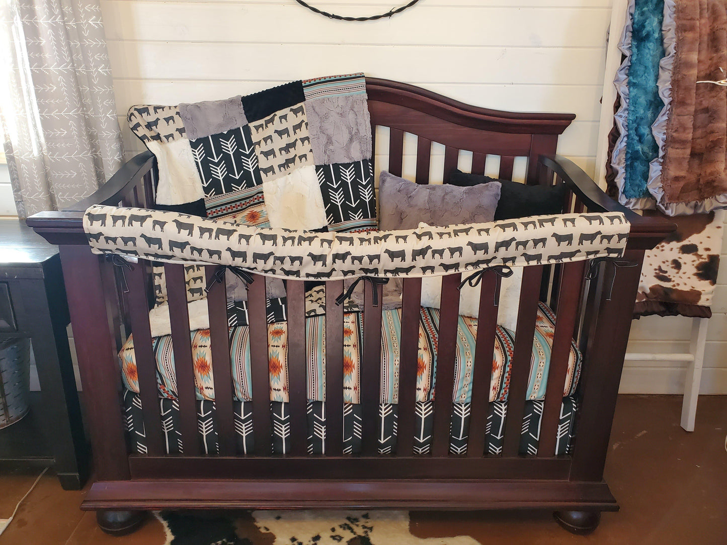 Custom Boy Crib Bedding - Angus Cow and Mint Aztec Ranch Collection - DBC Baby Bedding Co 