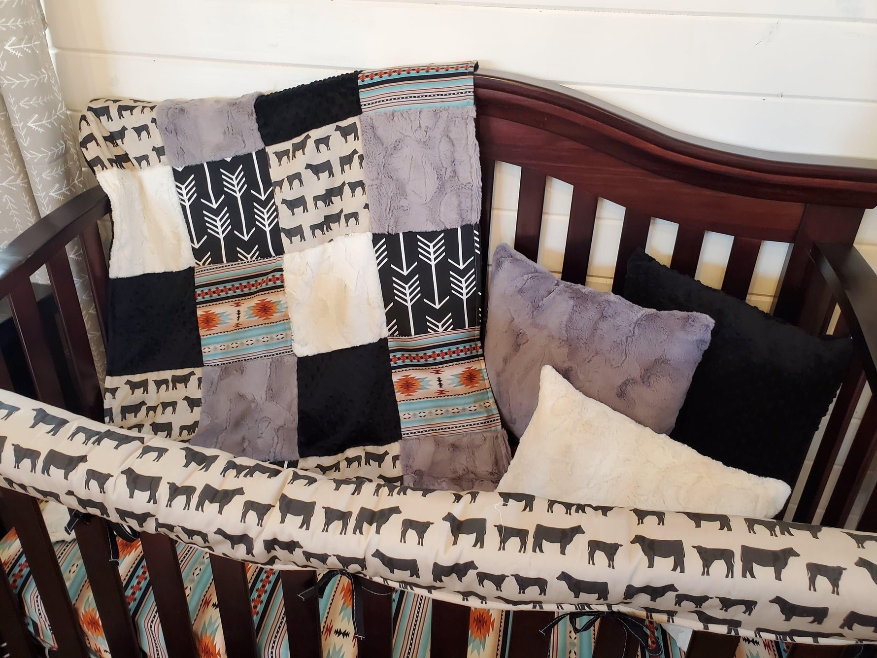 Custom Boy Crib Bedding - Angus Cow and Mint Aztec Ranch Collection - DBC Baby Bedding Co 