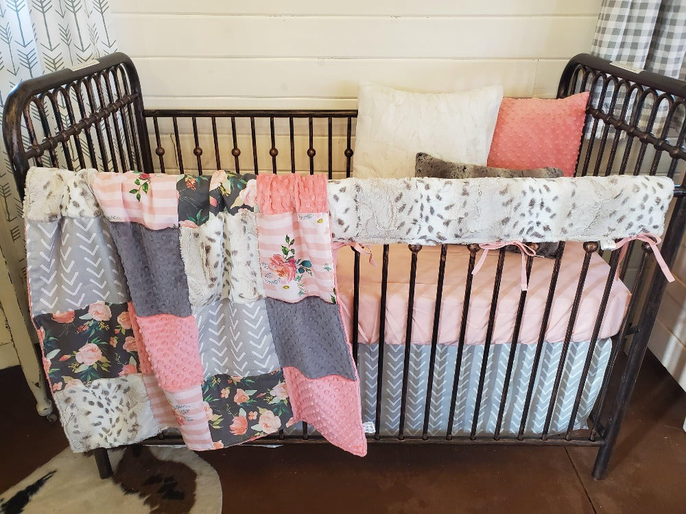Custom Girl Crib Bedding - Floral Stripe and Snow Leopard Minky Floral Nursery Collection - DBC Baby Bedding Co 