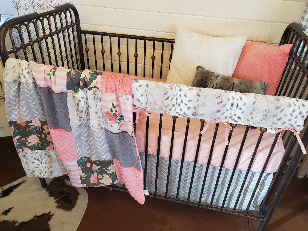 Custom Girl Crib Bedding - Floral Stripe and Snow Leopard Minky Floral Nursery Collection - DBC Baby Bedding Co 