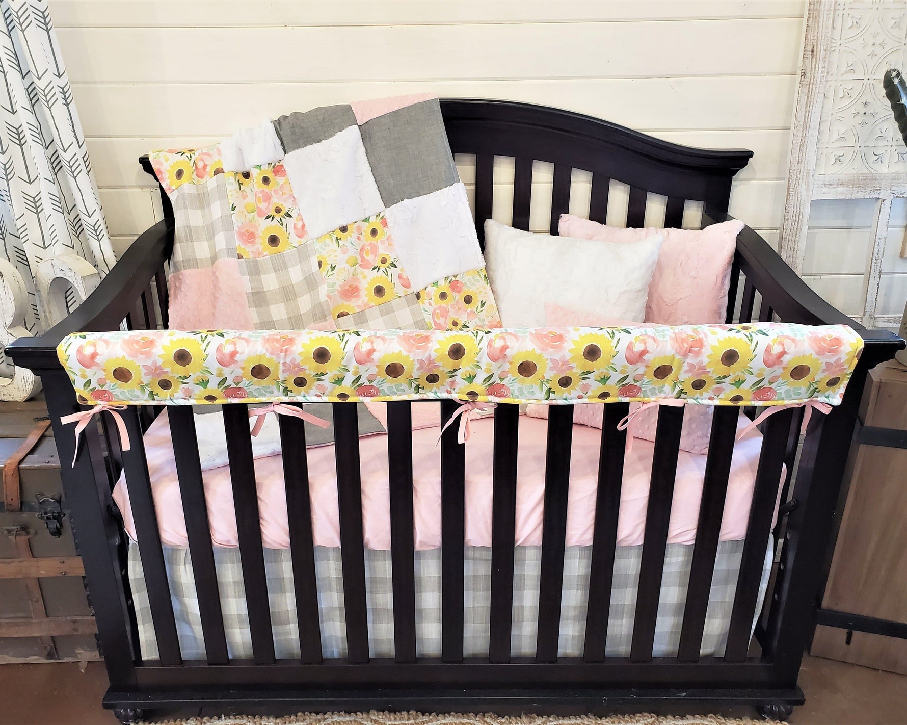 Custom Girl Crib Bedding- Sunflower and Rose Nursery Collection - DBC Baby Bedding Co