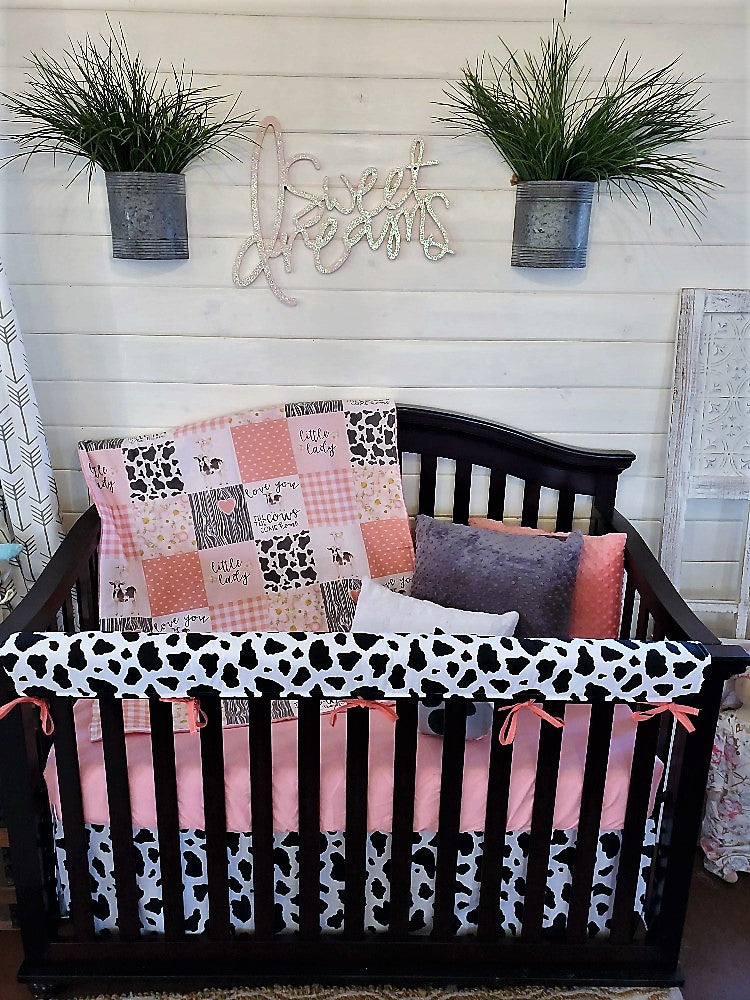 Custom Girl Crib Bedding - Coral Cows Come Home Farm Baby Bedding Collection - DBC Baby Bedding Co 