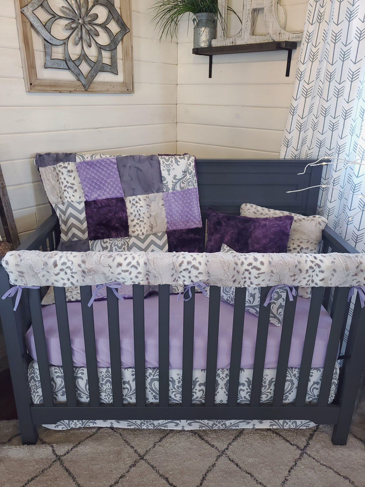 Ready Ship Girl Crib Bedding - Damask and Snow Leopard Collection - DBC Baby Bedding Co 