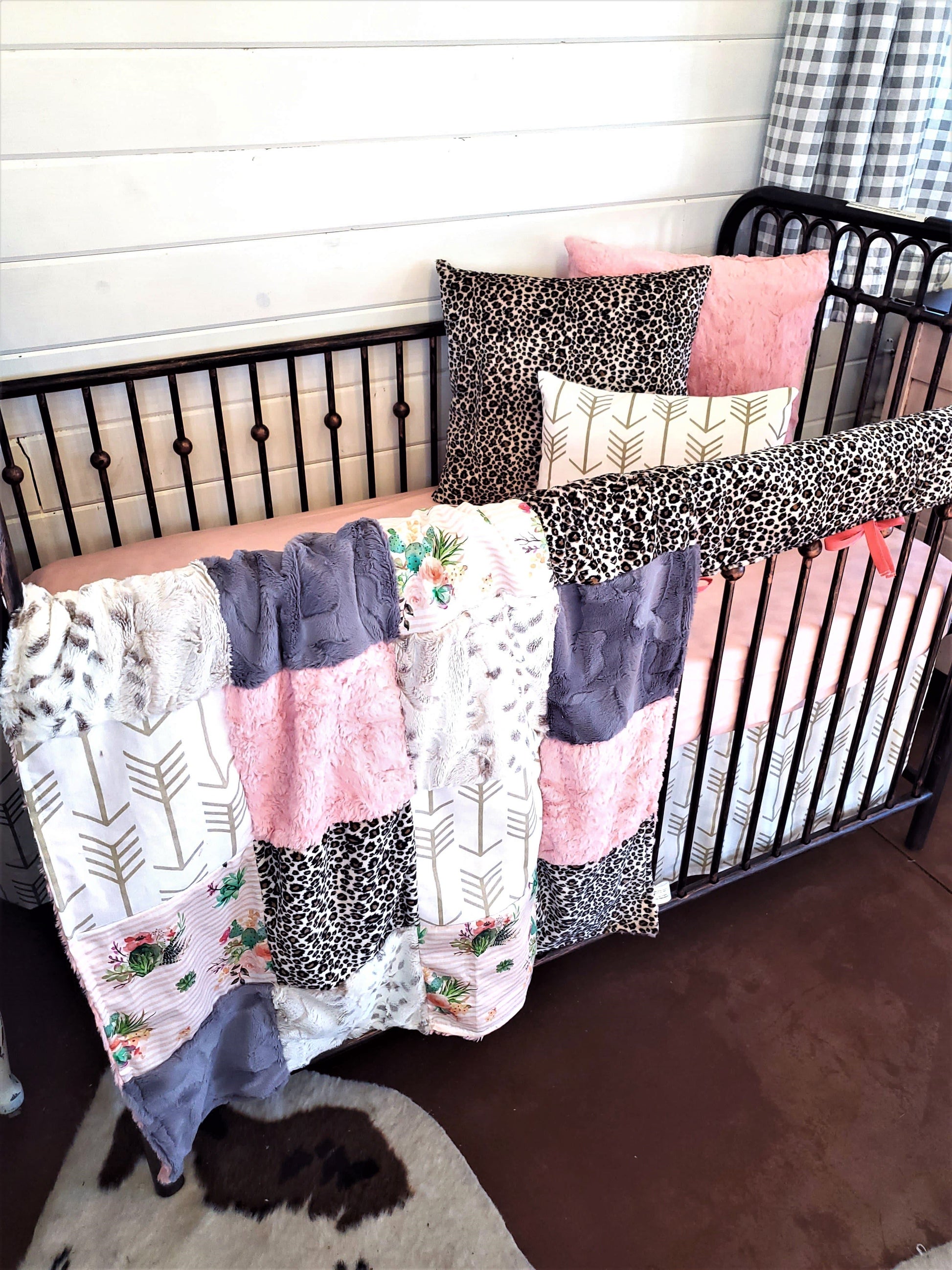 Custom Girl Crib Bedding - Cactus Stripe and Cheetah Nursery Collection - DBC Baby Bedding Co 