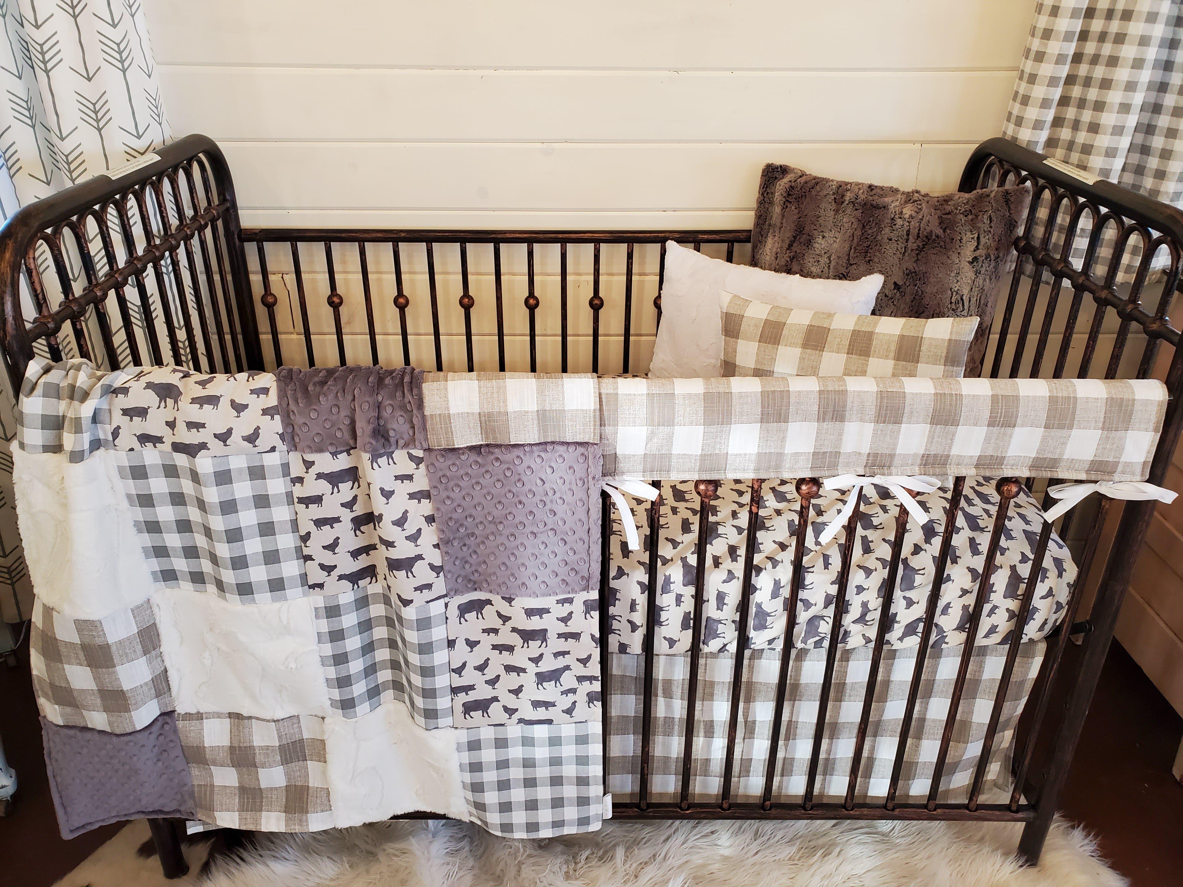 Quick Ship Neutral Crib Bedding Farmhouse Nursery Collection - White Tan on sale Arrows, Ecru Check, Silver Fawn Minky, Farm Nursery Set