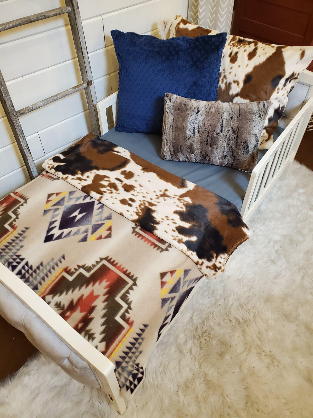 Toddler or Twin Bedding -  Cow Minky and Tan Aztec Collection - DBC Baby Bedding Co 