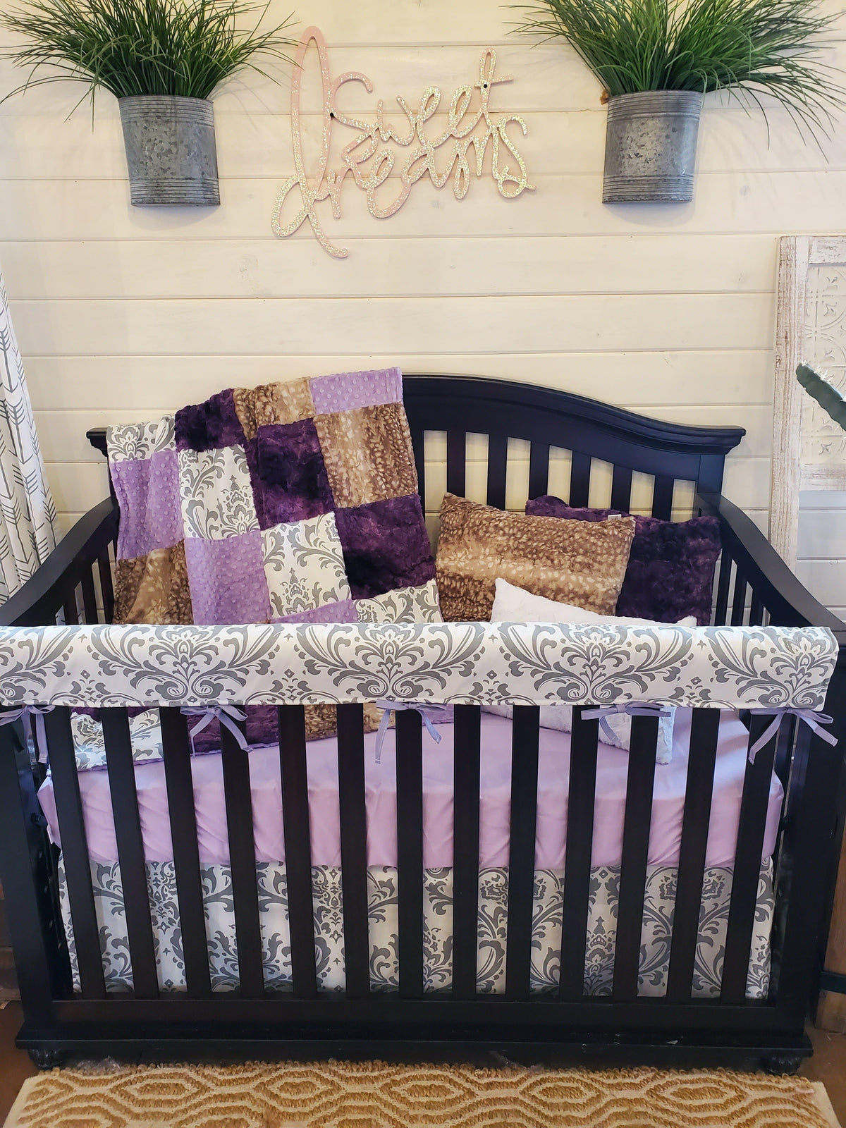 Ready to Ship Girl Crib Bedding- Damask, Lilac, and Fawn Collection - DBC Baby Bedding Co 