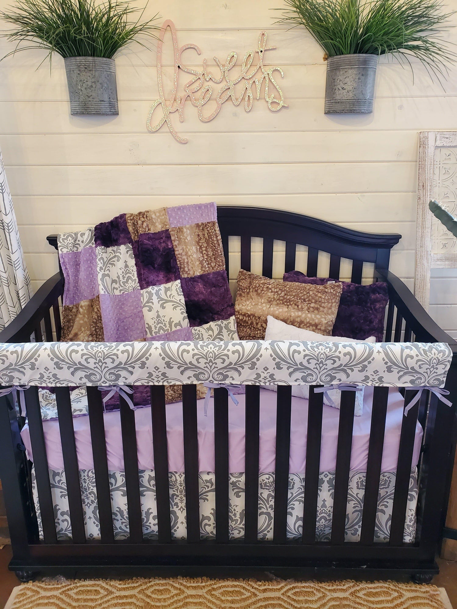 Ready to Ship Girl Crib Bedding- Damask, Lilac, and Fawn Collection - DBC Baby Bedding Co 