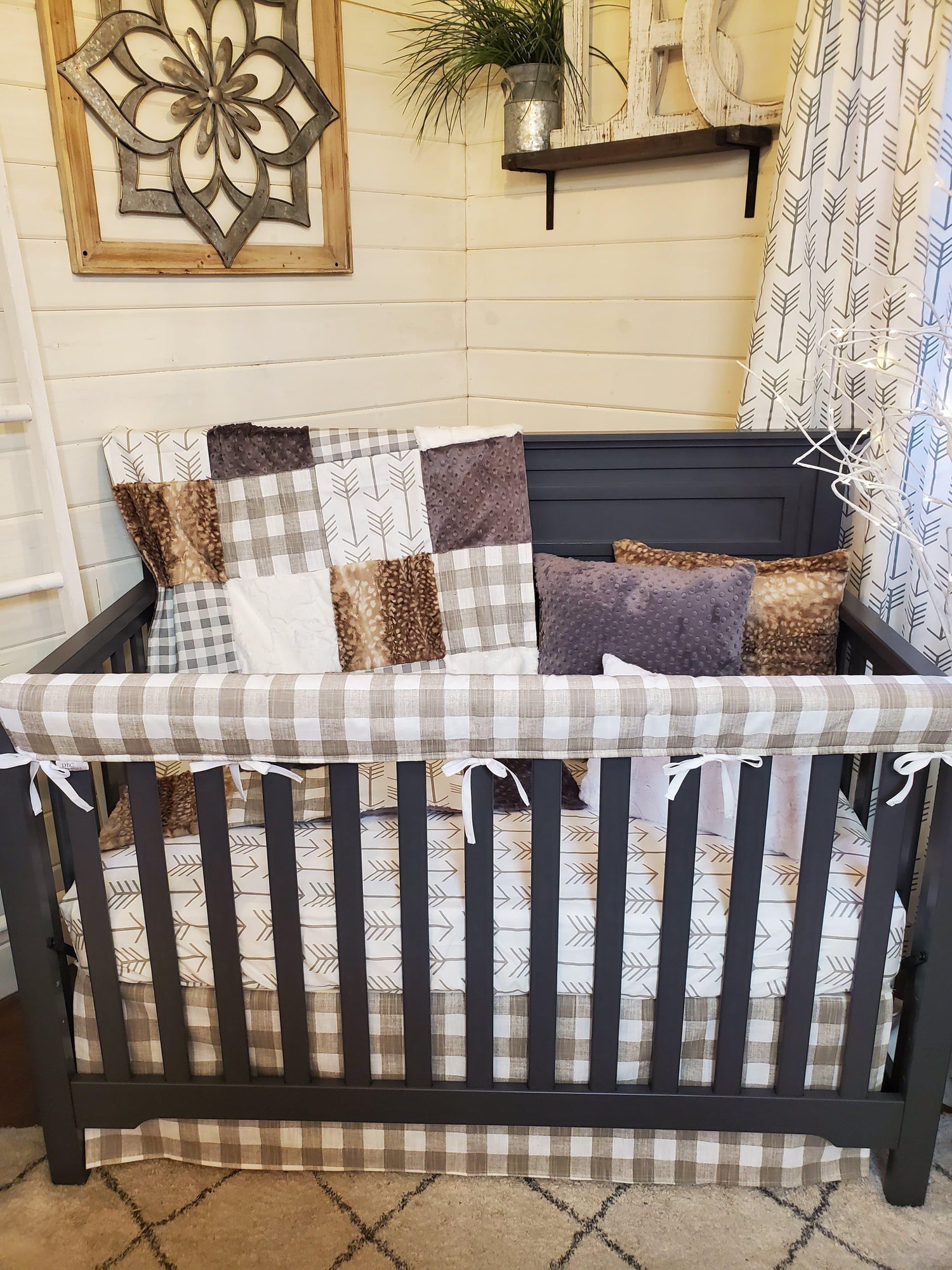 Ready Ship Neutral Crib Bedding- Farm House Check and Fawn Minky Collection - DBC Baby Bedding Co 