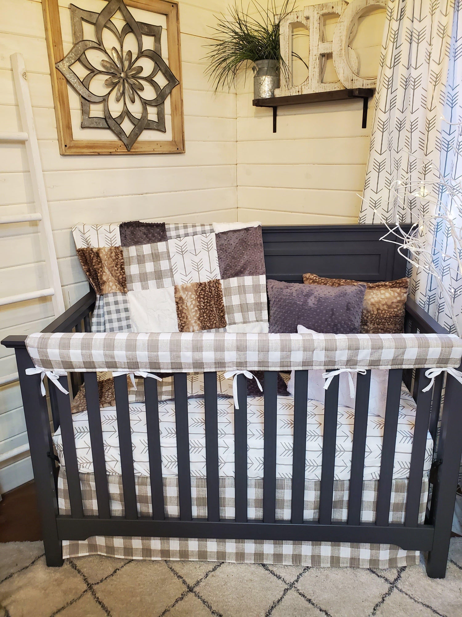 Ready Ship Neutral Crib Bedding- Farm House Check and Fawn Minky Collection - DBC Baby Bedding Co 