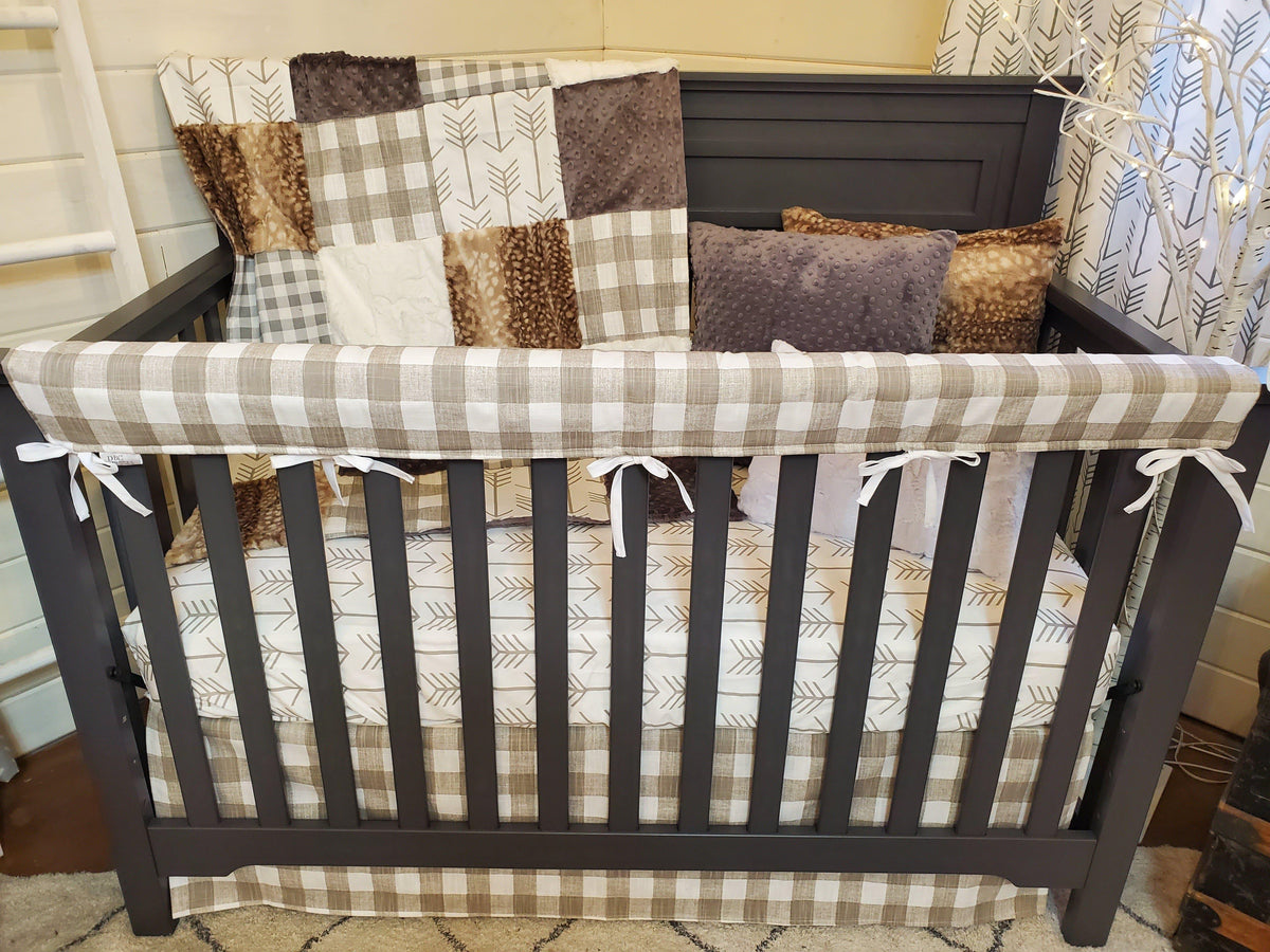 Ready Ship Neutral Crib Bedding- Farm House Check and Fawn Minky Collection - DBC Baby Bedding Co 