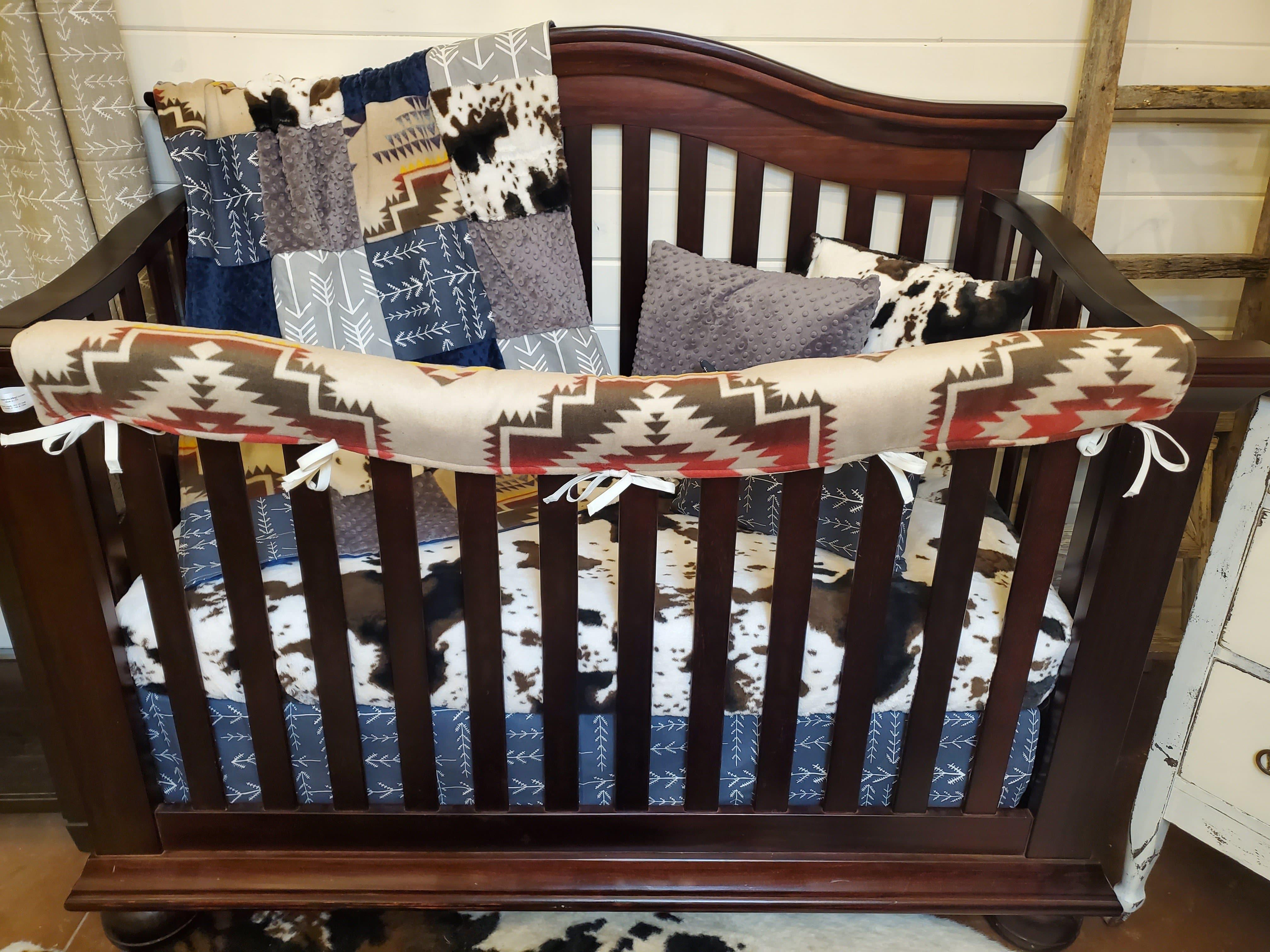 Boy Crib Bedding Tan Aztec and Cow Minky Western Cowboy Baby Bedding Collection 3pc set