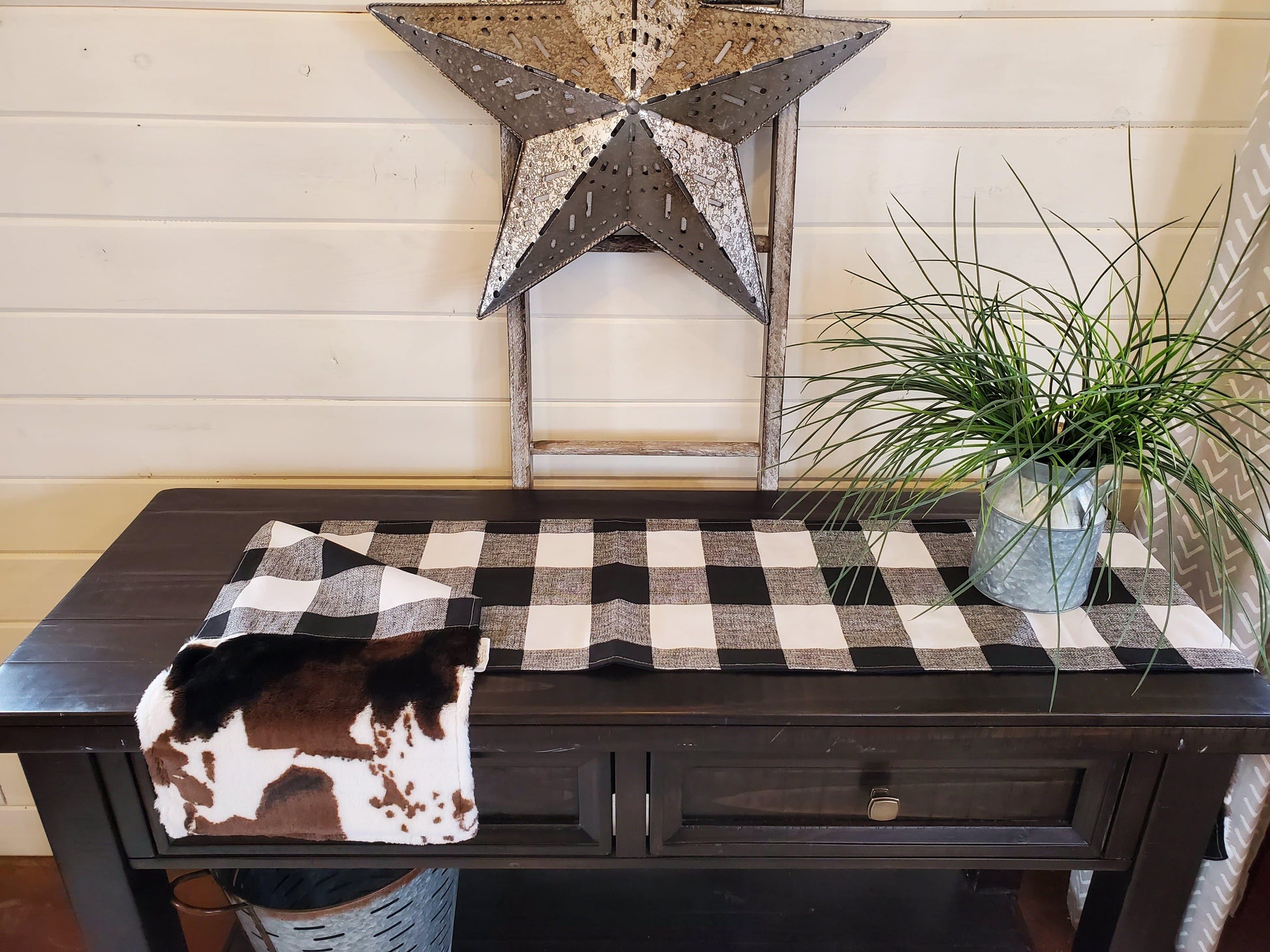 Home Decor- Table Runner -Black White Check with Cow Minky decorative ends - DBC Baby Bedding Co 