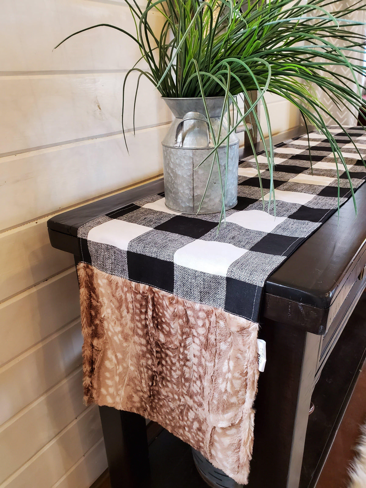 Home Decor- Table Runner -Black White Check with Fawn Minky decorative ends - DBC Baby Bedding Co 