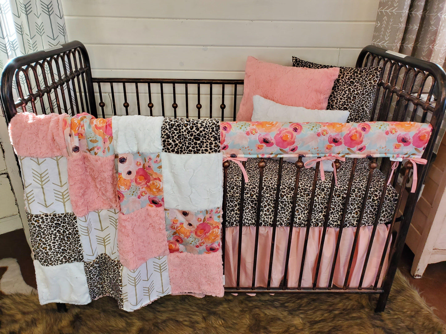 Custom Girl Crib Bedding- Cheetah Minky & Watercolor Floral Crib Bedding - DBC Baby Bedding Co 