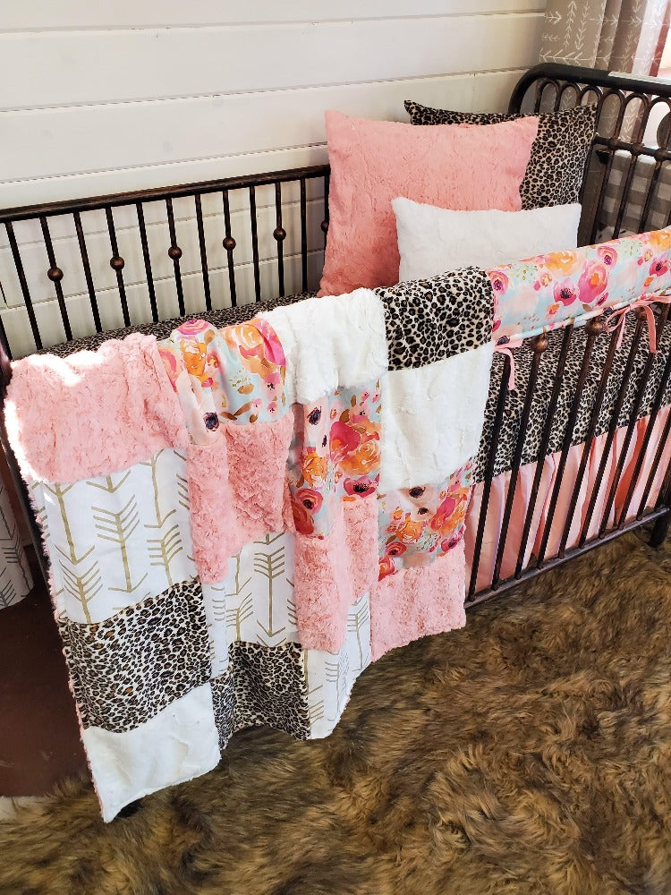 Custom Girl Crib Bedding- Cheetah Minky &amp; Watercolor Floral Crib Bedding - DBC Baby Bedding Co 