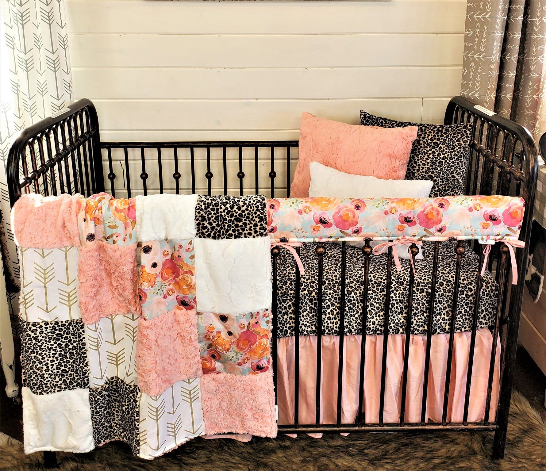 Custom Girl Crib Bedding- Cheetah Minky & Watercolor Floral Crib Bedding - DBC Baby Bedding Co