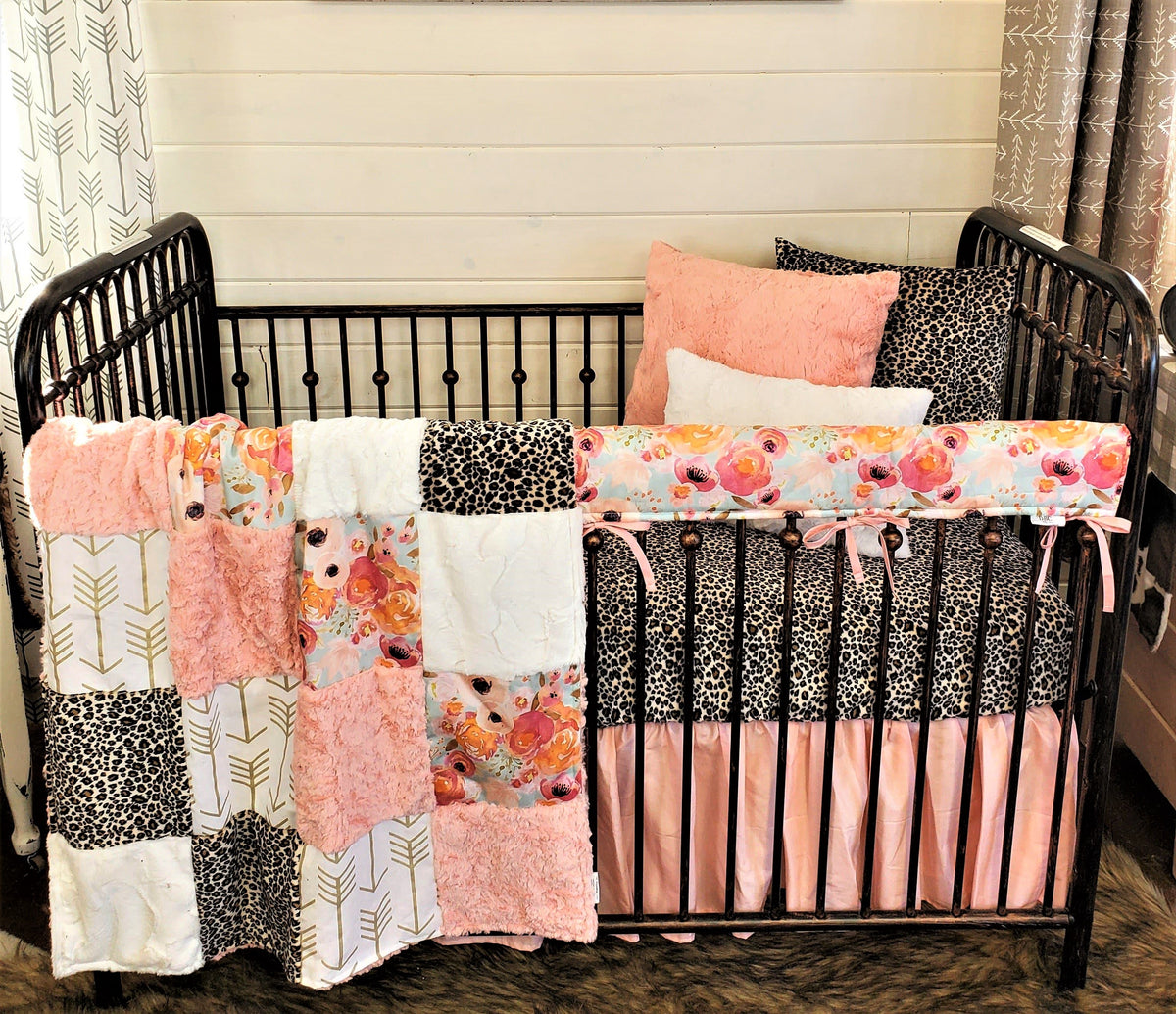 Custom Girl Crib Bedding- Cheetah Minky &amp; Watercolor Floral Crib Bedding - DBC Baby Bedding Co