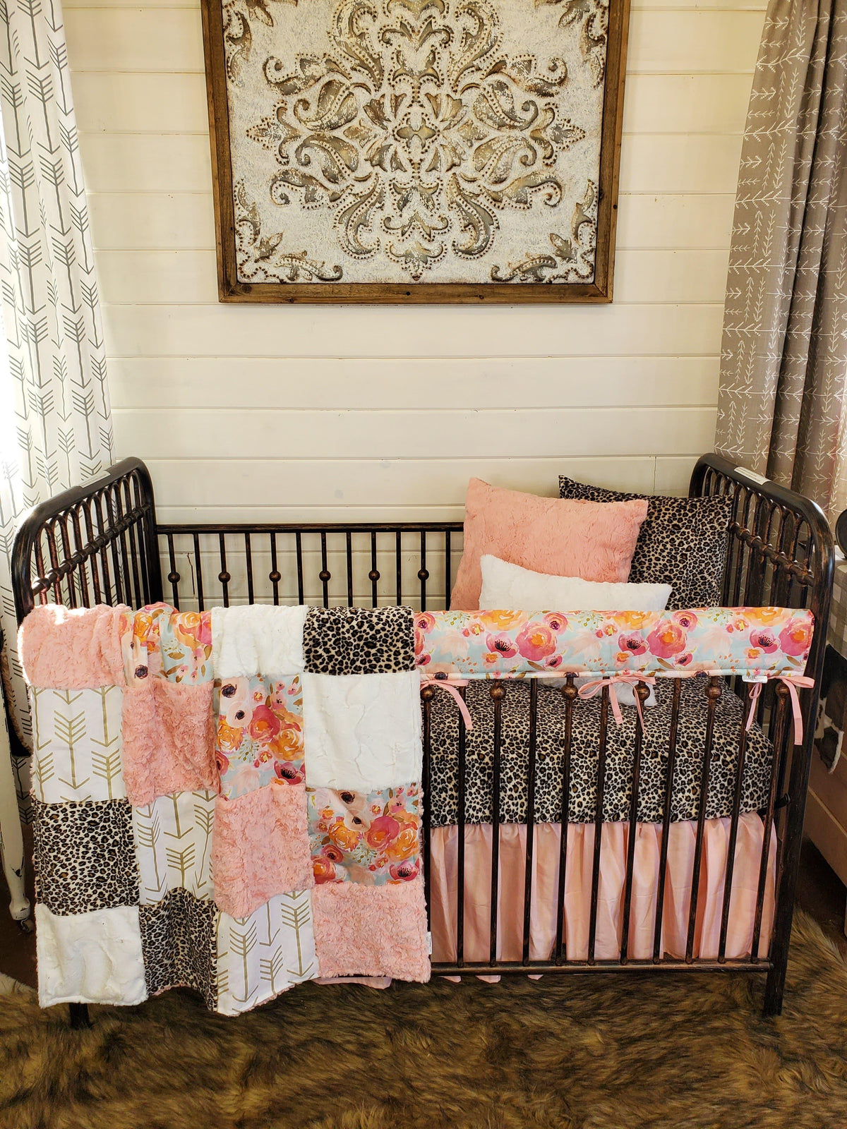 Custom Girl Crib Bedding- Cheetah Minky &amp; Watercolor Floral Crib Bedding - DBC Baby Bedding Co 