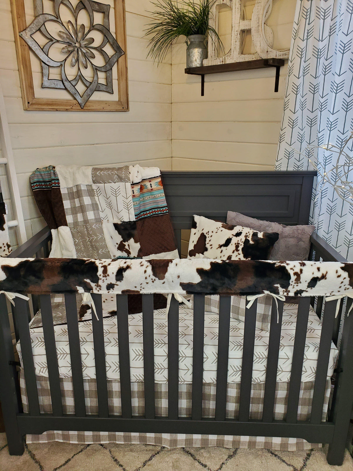 Neutral Crib Bedding- Farm House Check and Cow Minky Collection - DBC Baby Bedding Co 