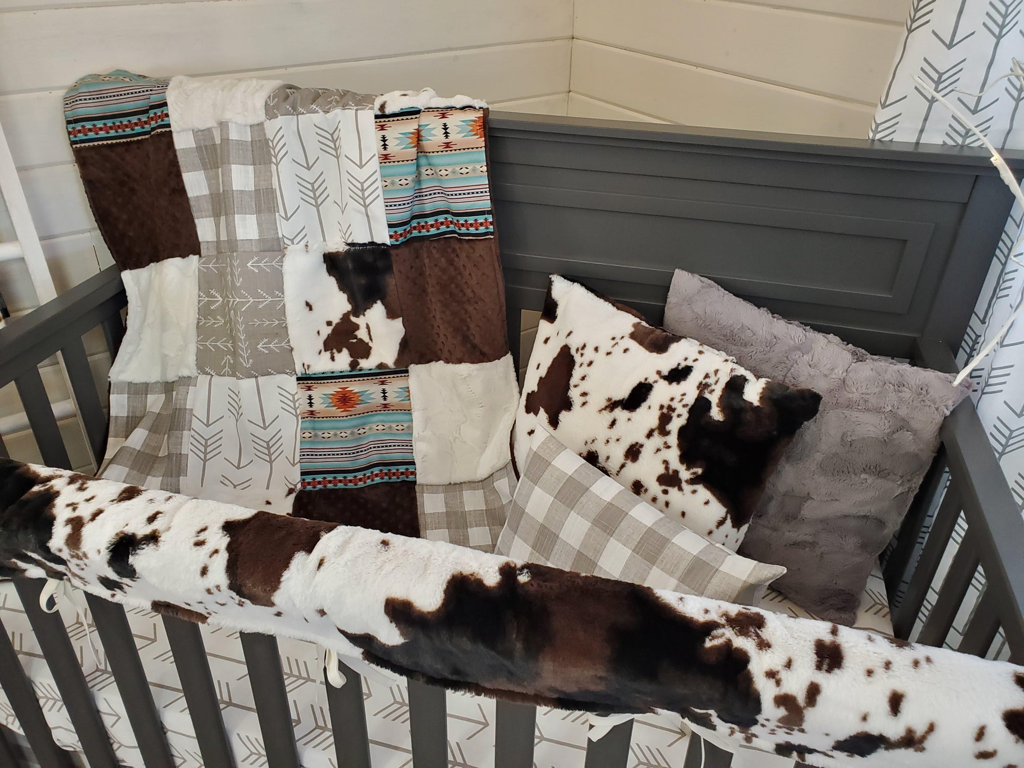 Neutral Crib Bedding- Farm House Check and Cow Minky Collection - DBC Baby Bedding Co 