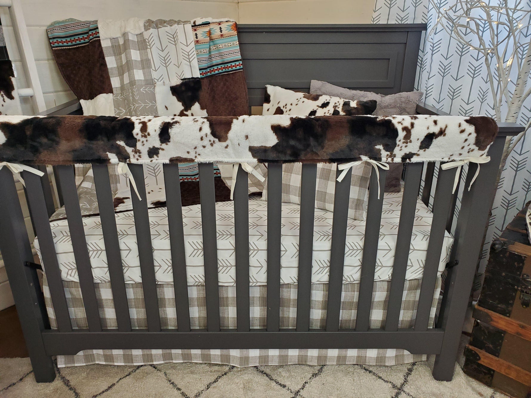 Neutral Crib Bedding- Farm House Check and Cow Minky Collection - DBC Baby Bedding Co 