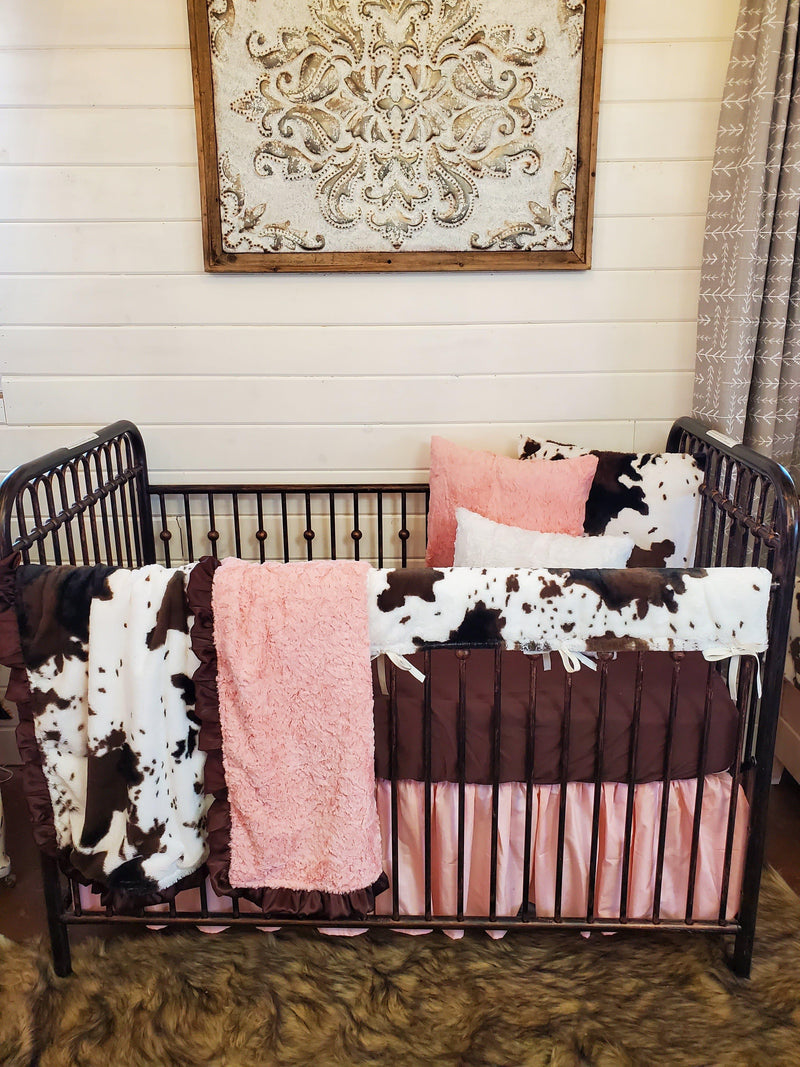 Toddler or Twin Bedding -  Cow Minky and Peach Crushed Ruffle Bedding Collection - DBC Baby Bedding Co 