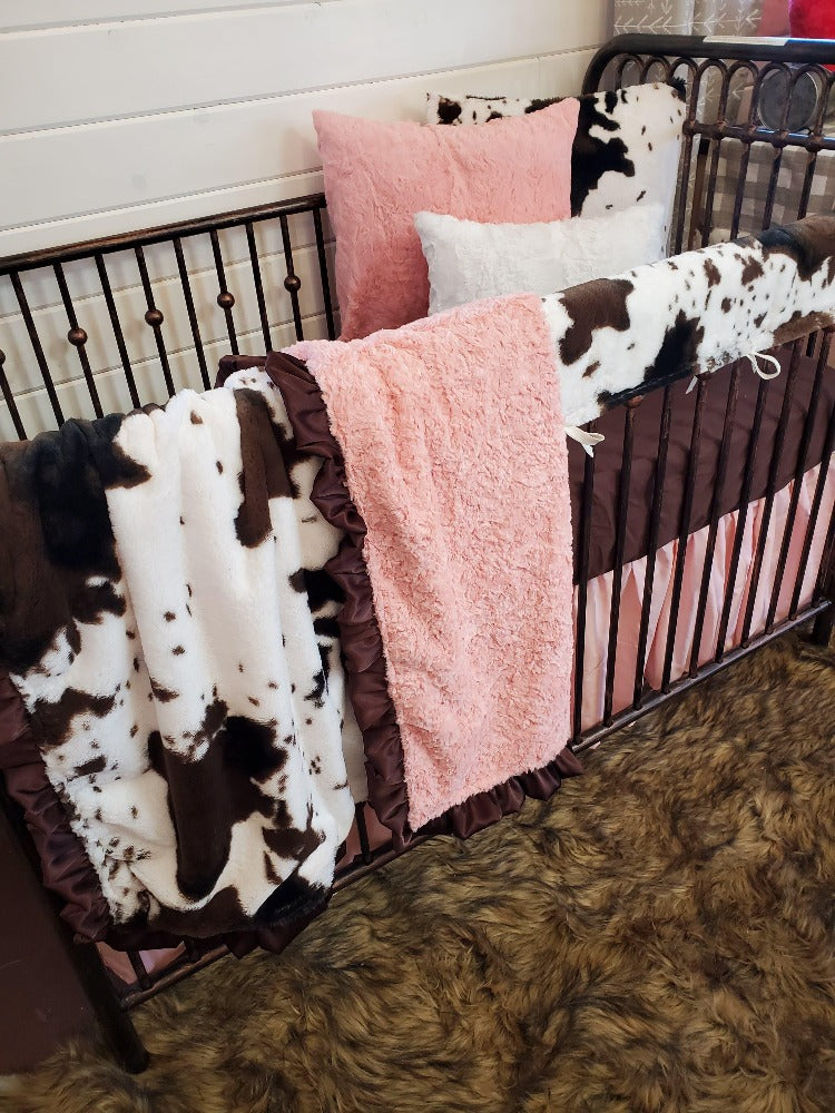 Girl Crib Bedding- Cow Minky Crib Bedding Ranch Collection - DBC Baby Bedding Co 
