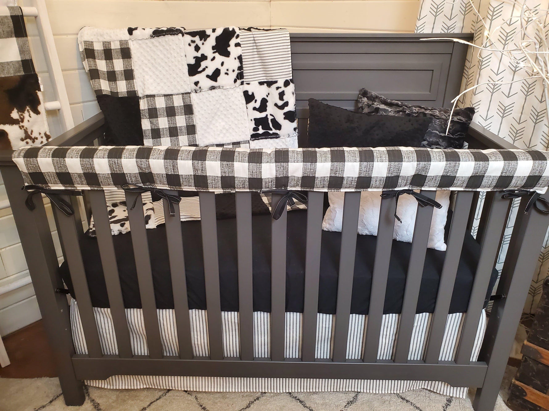 Ready Ship Neutral Crib Bedding- Farmhouse and Black Cow Minky Collection - DBC Baby Bedding Co 