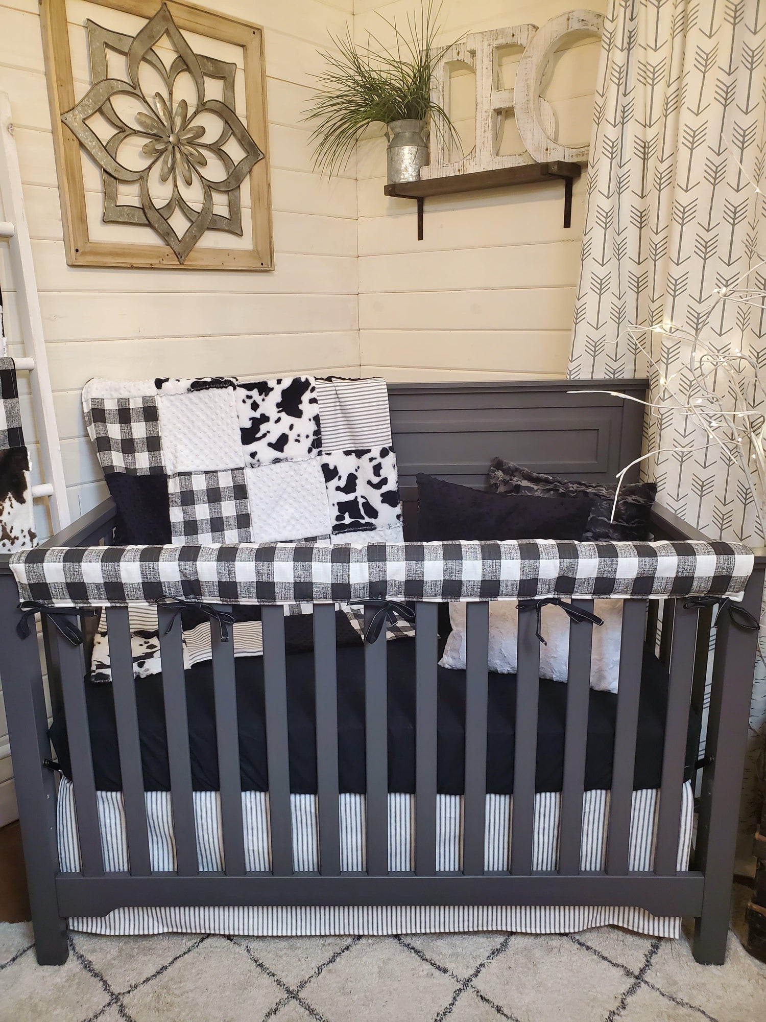 Ready Ship Neutral Crib Bedding- Farmhouse and Black Cow Minky Collection - DBC Baby Bedding Co 