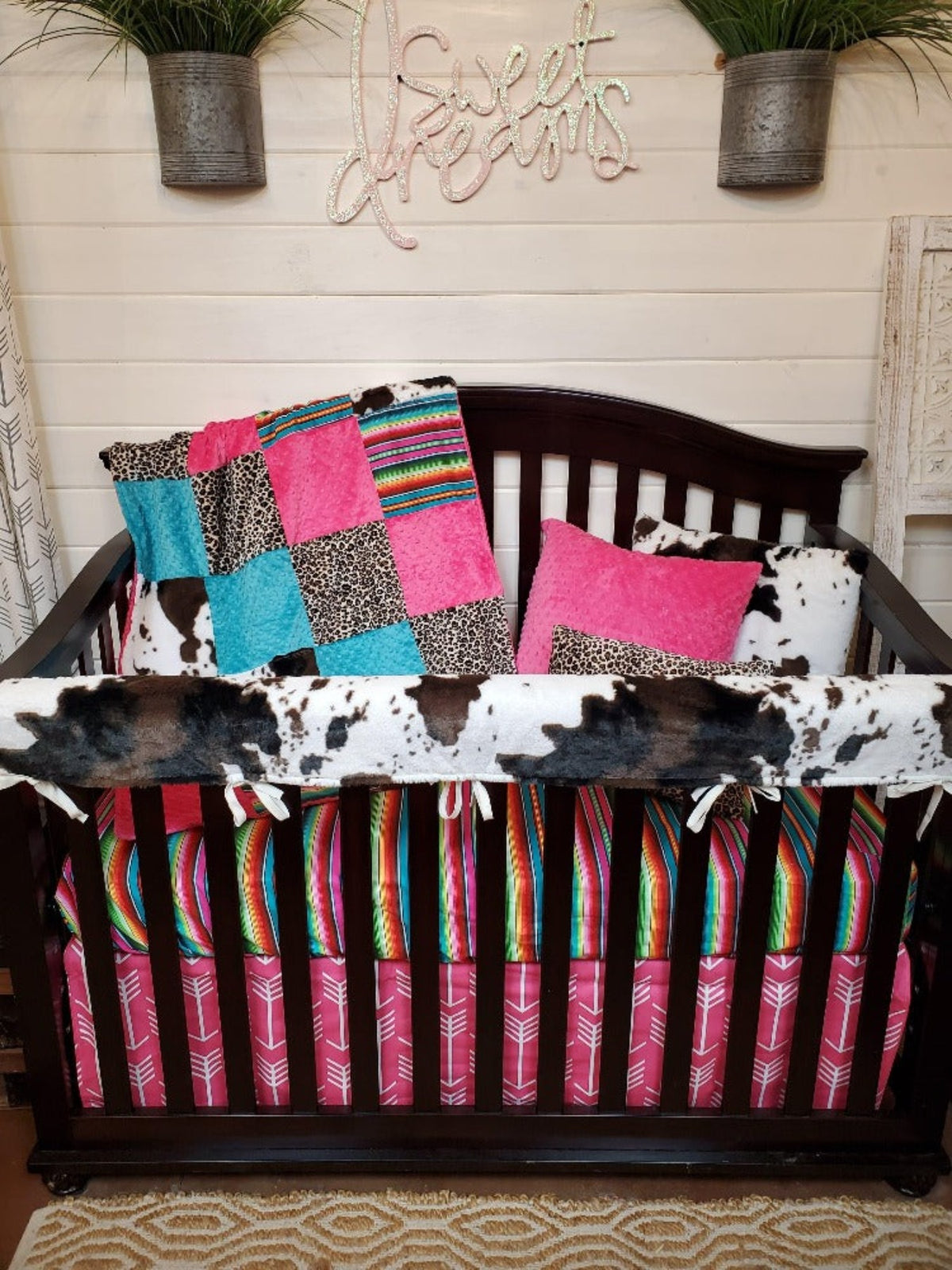 Ready Ship Girl Crib Bedding- Cheetah, Cow Minky, and Serape Baby Bedding Collection - DBC Baby Bedding Co 