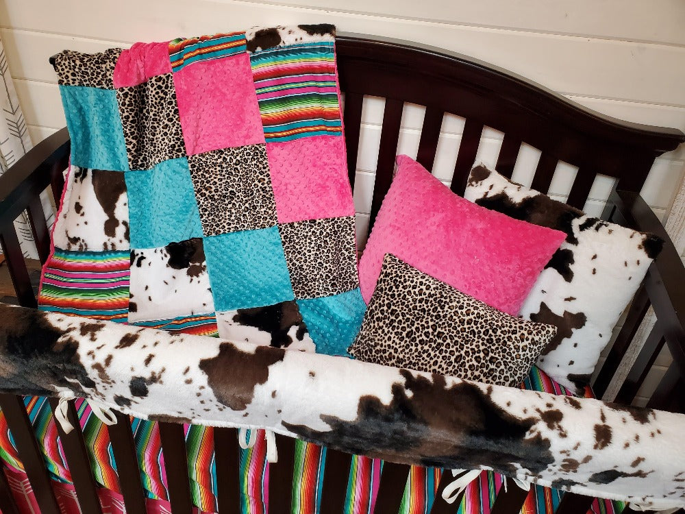 Ready Ship Girl Crib Bedding- Cheetah, Cow Minky, and Serape Collection - DBC Baby Bedding Co 