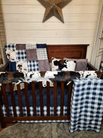 Navy  Check and Cow Minky Farm Baby Bedding